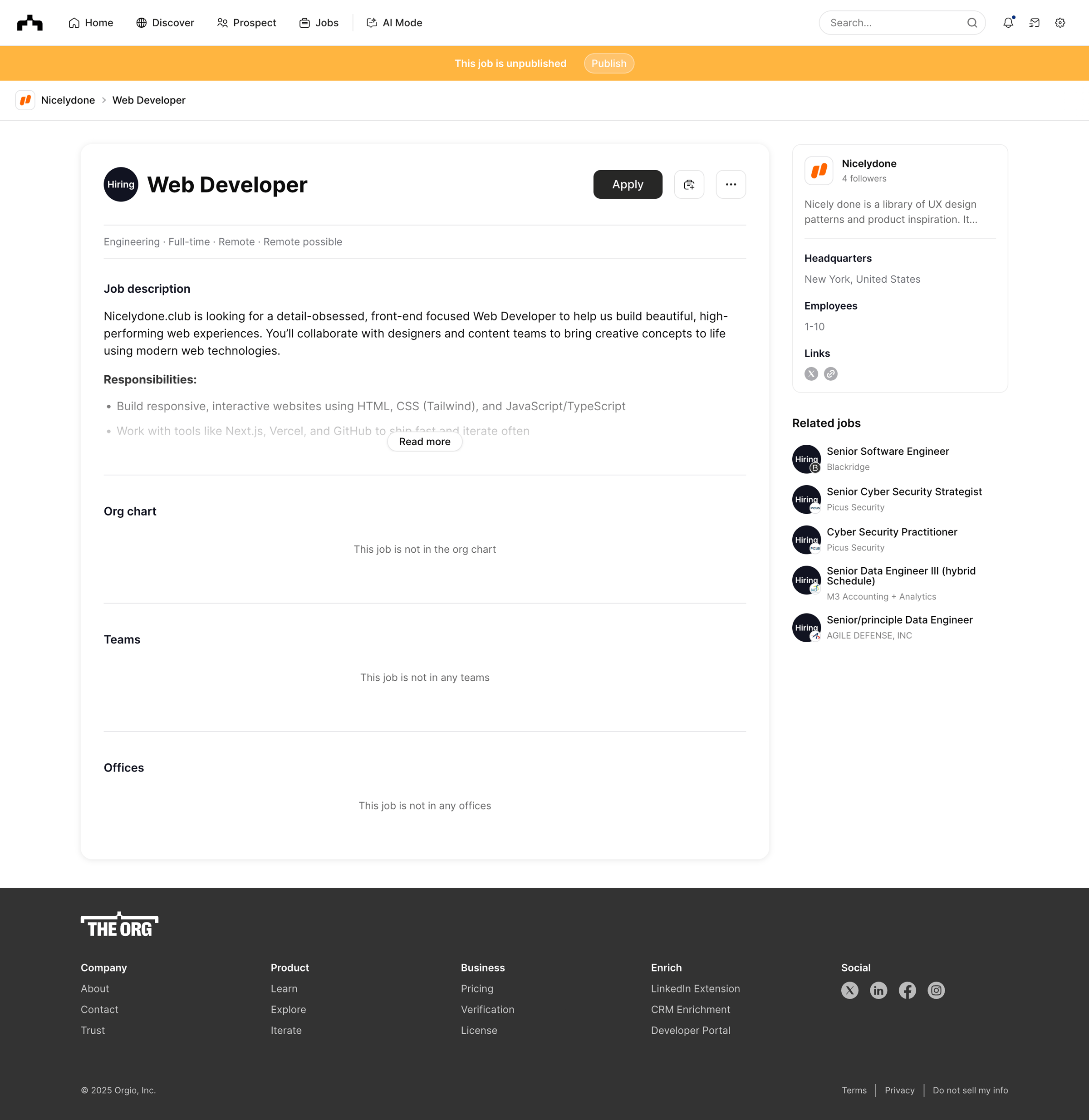 The org - Web Developer at Nicelydone | The Org screen