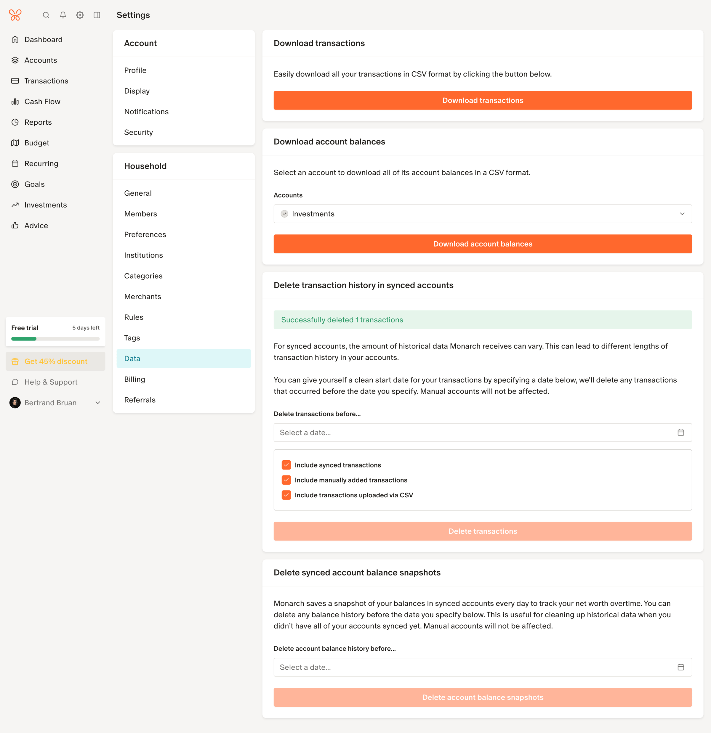 Monarch - Delete transaction history in synced accounts screen