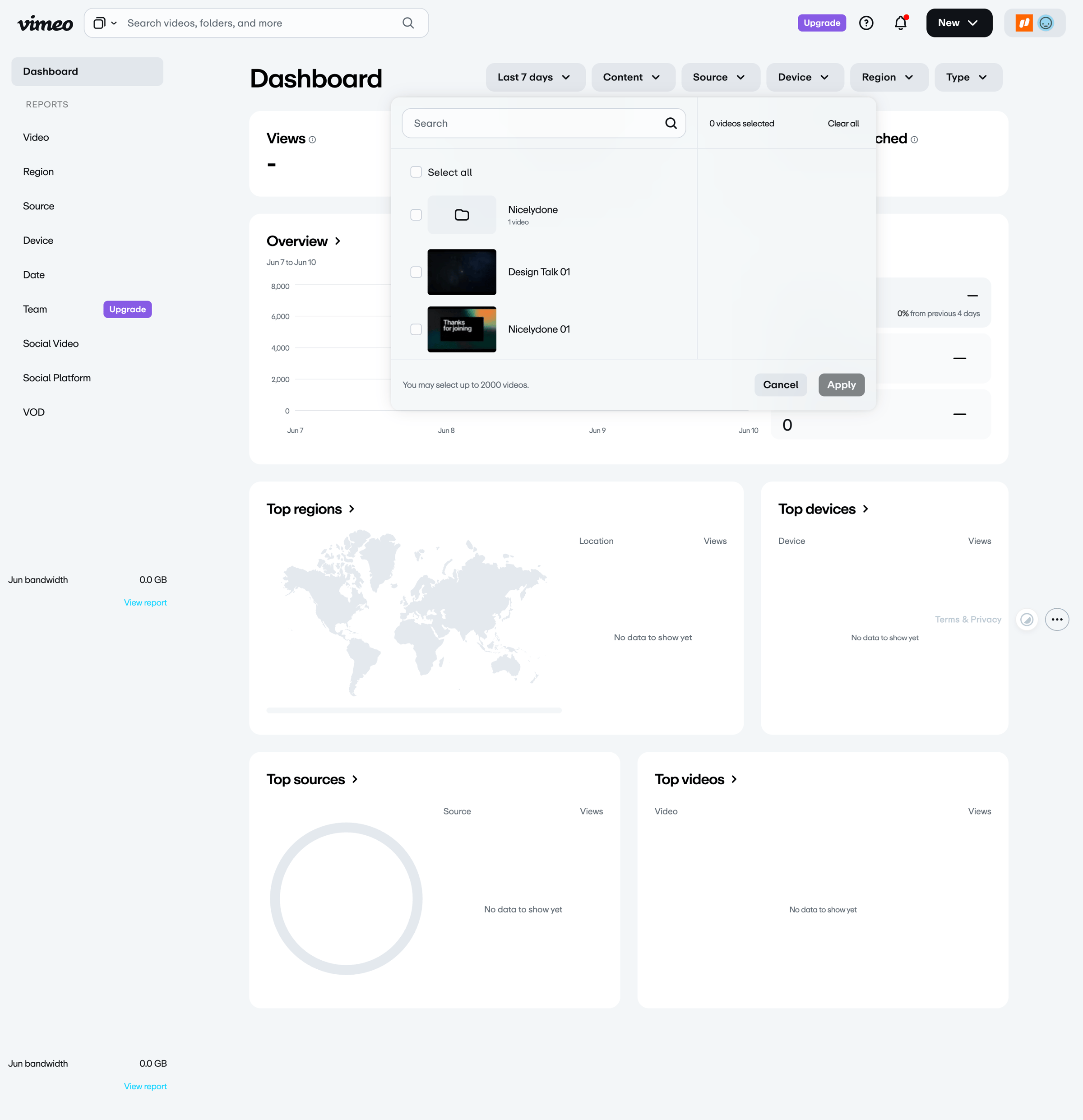 Vimeo - Analytics Home screen