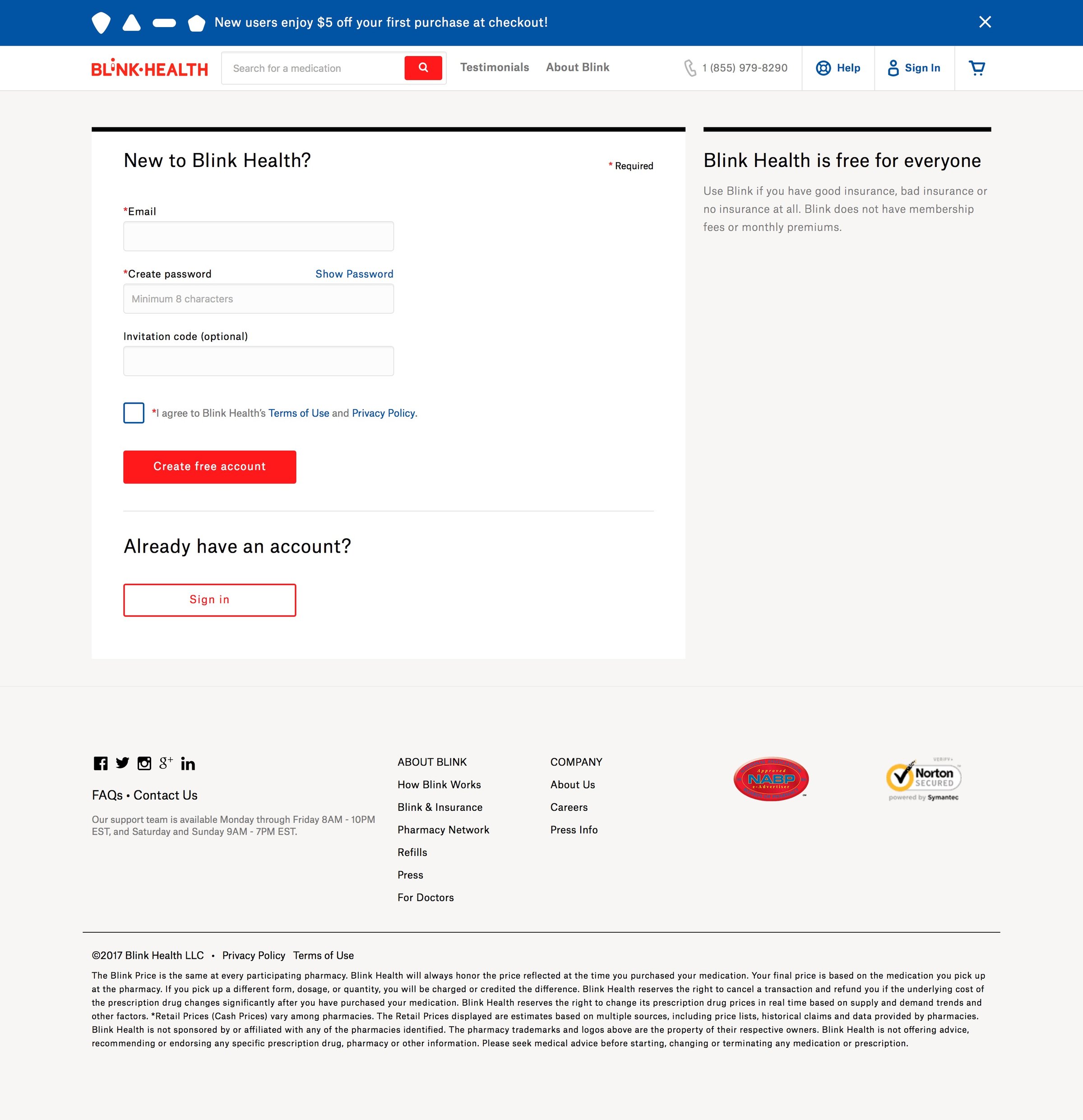 Blink Health - Sign up screen