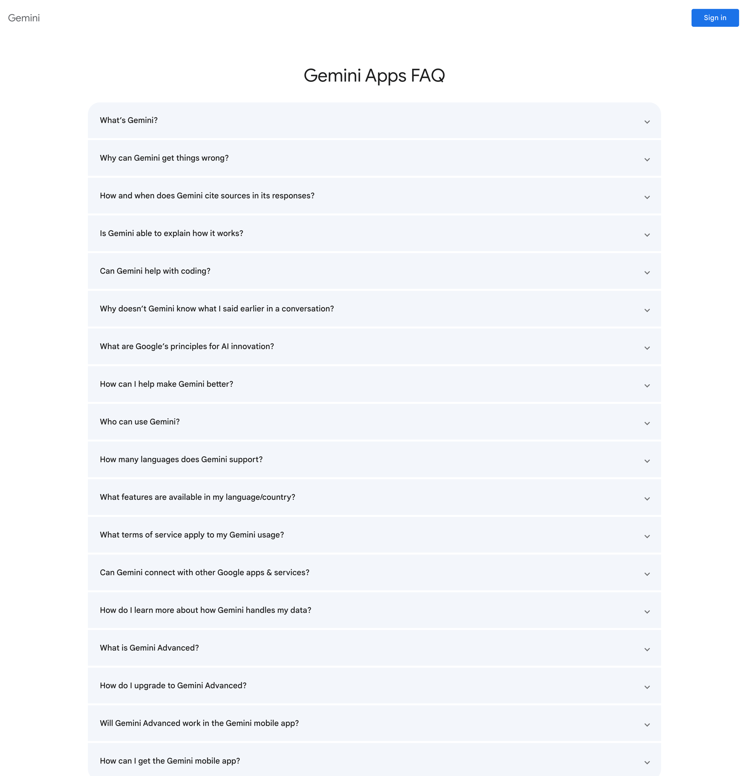 Gemini - What Gemini Apps can do and other frequently asked questions screen
