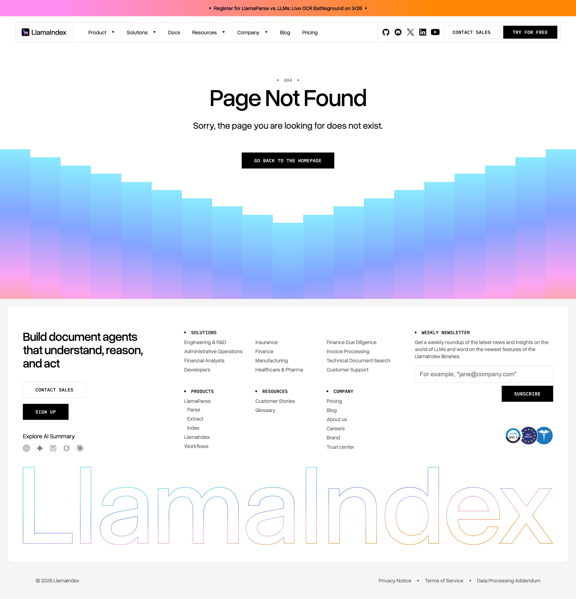 Llamaindex - 404 • Page Not Found screen