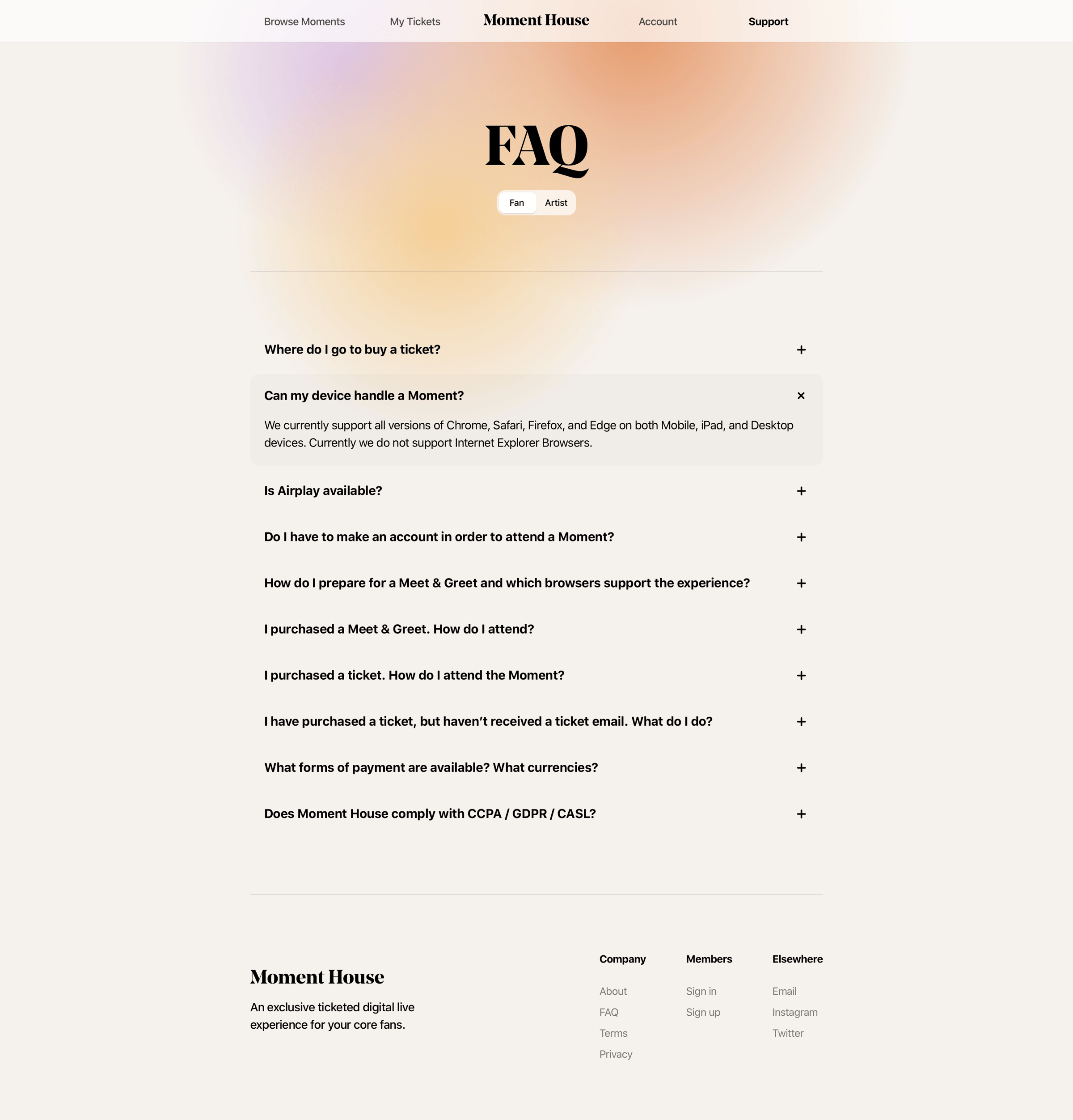 Moment House - FAQ | Moment House screen