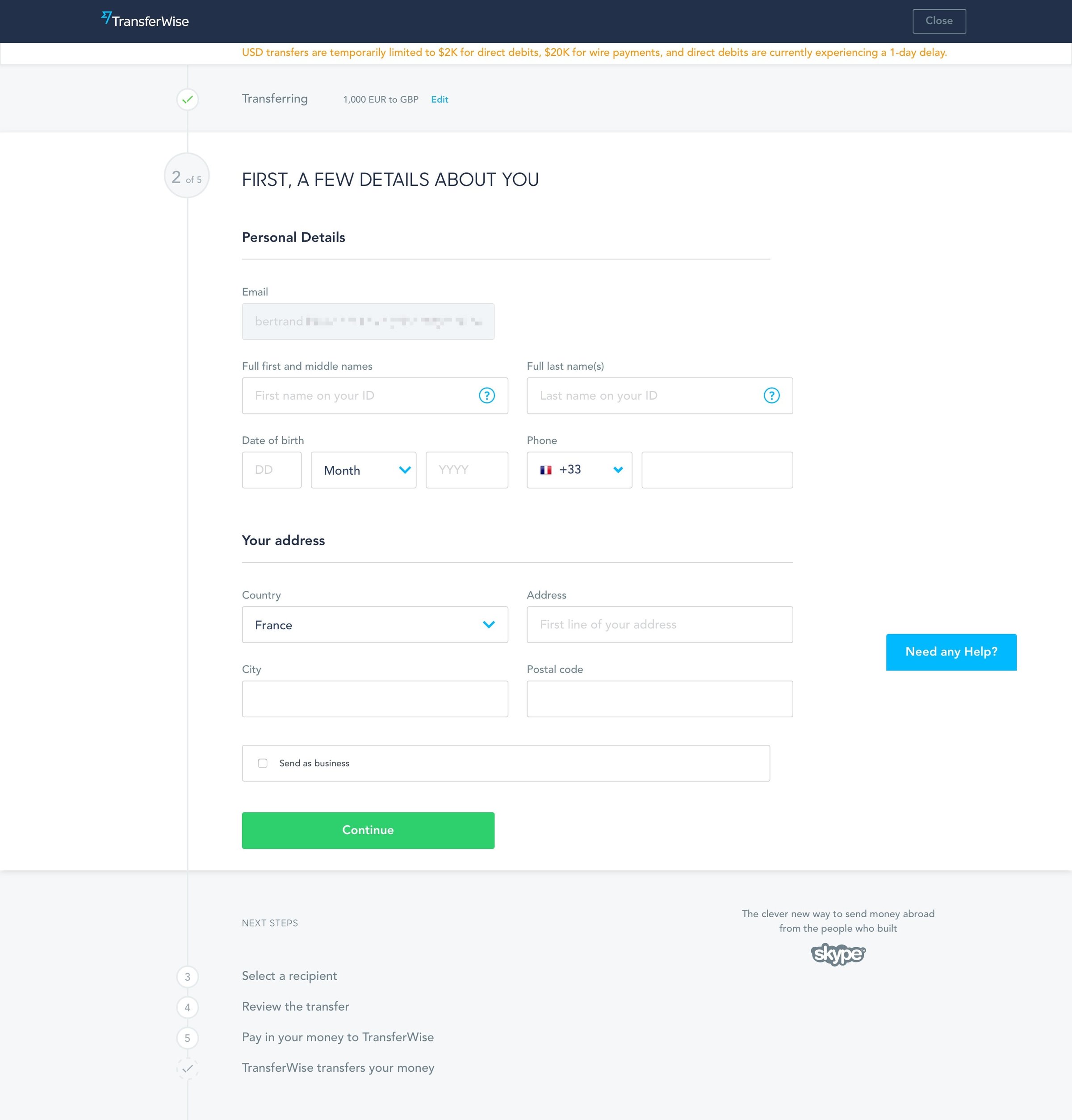TransferWise - Create screen