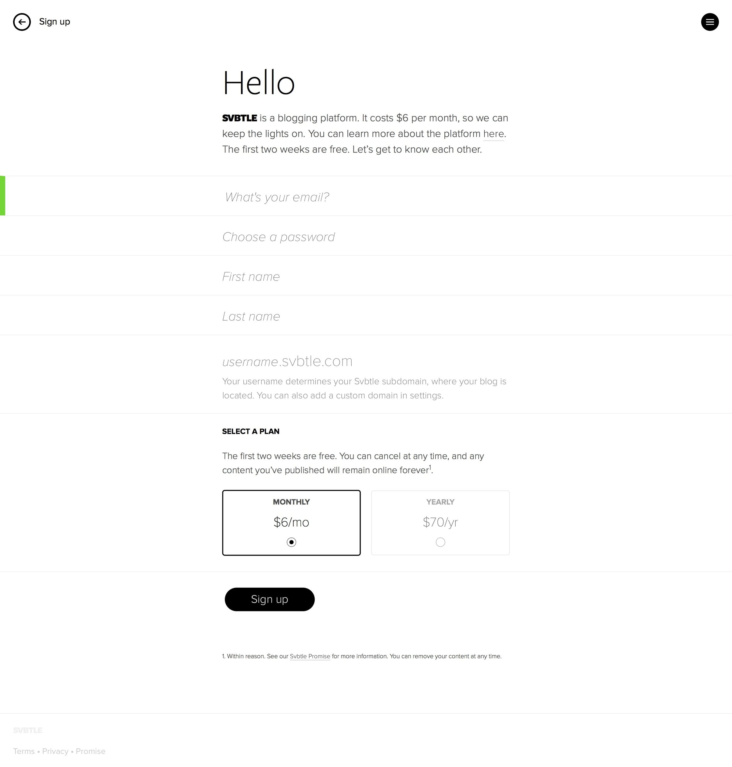 Svbtle - Sign up screen