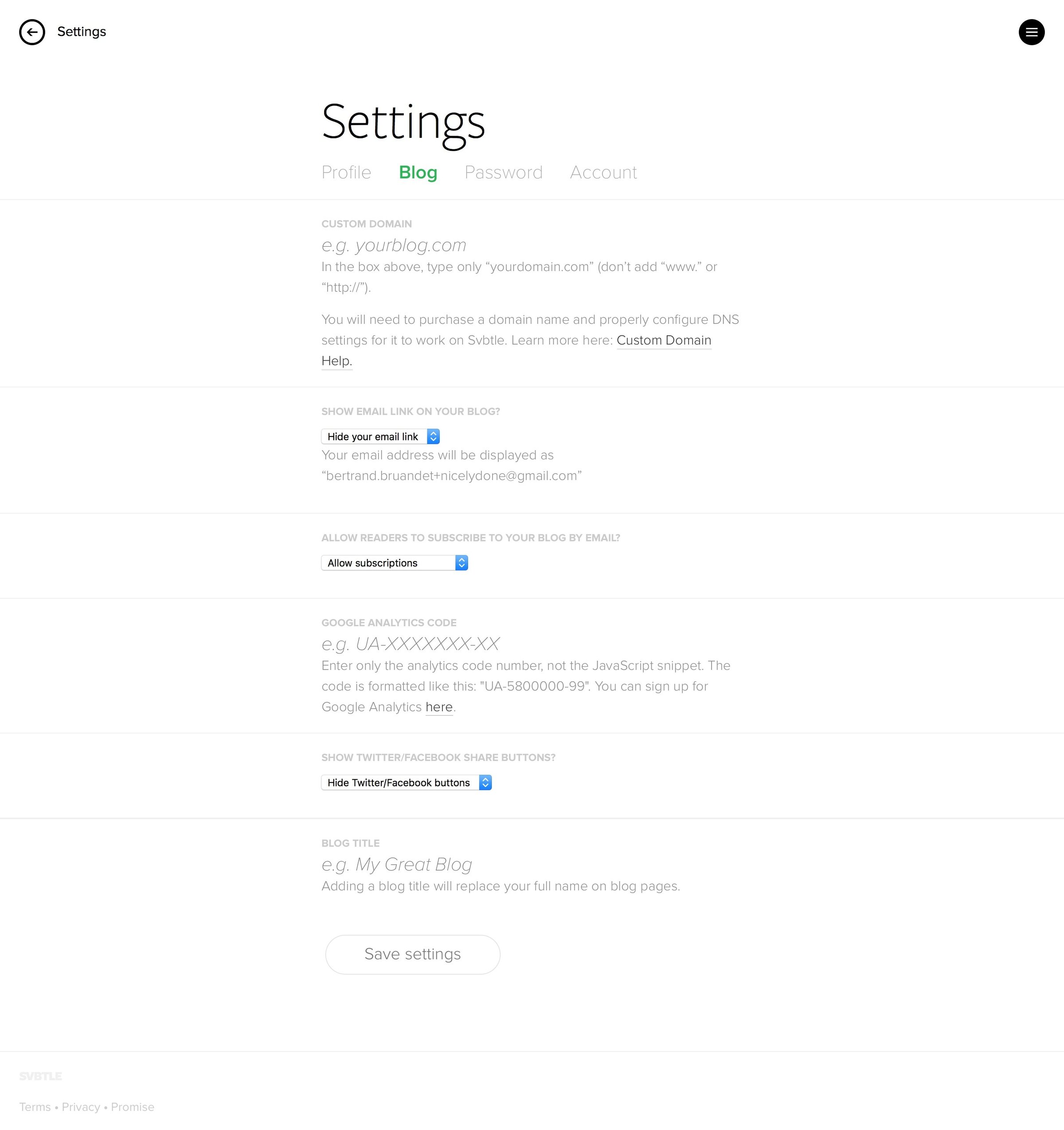 Svbtle - Settings screen