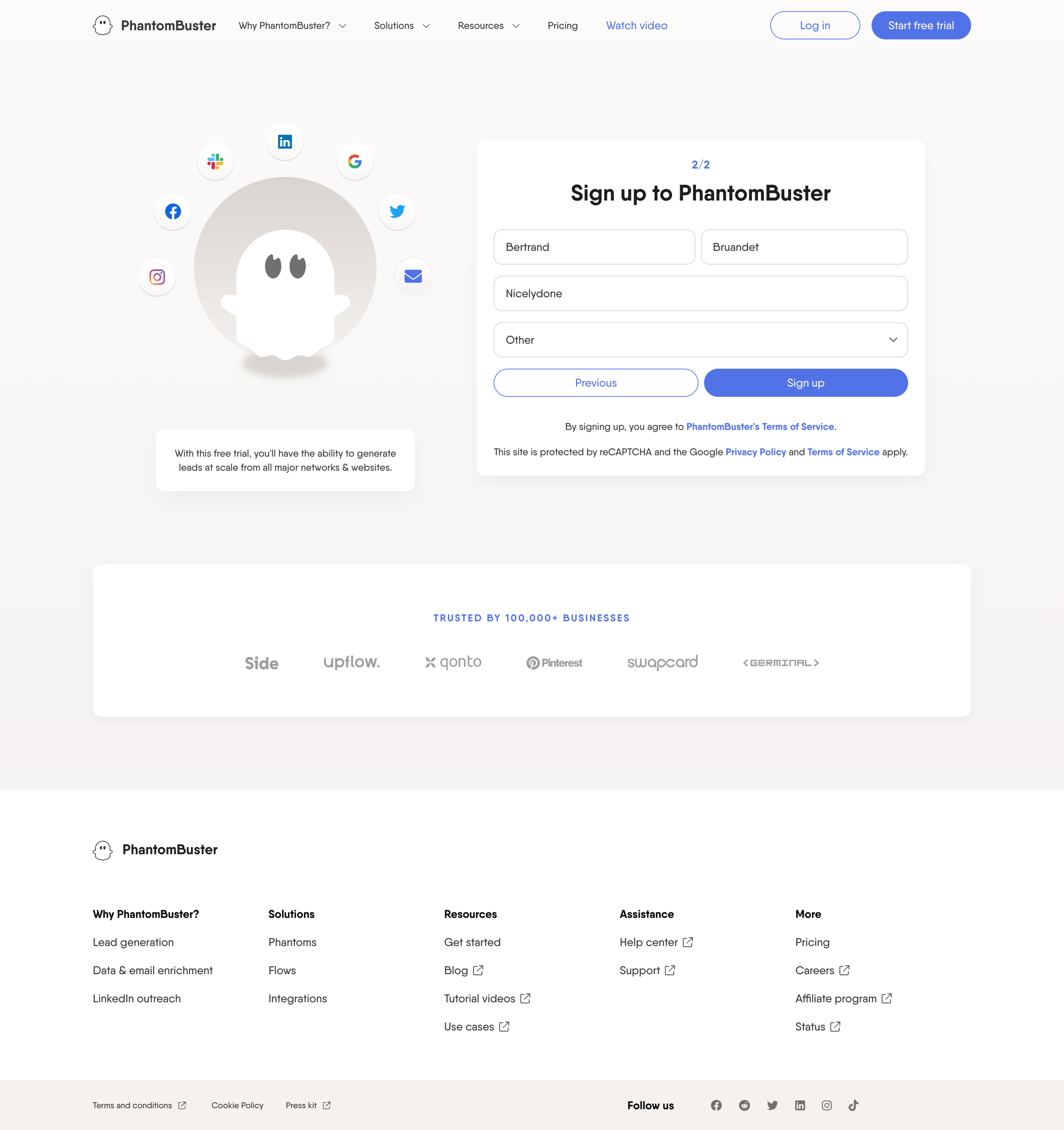 PhantomBuster - Sign up | PhantomBuster screen