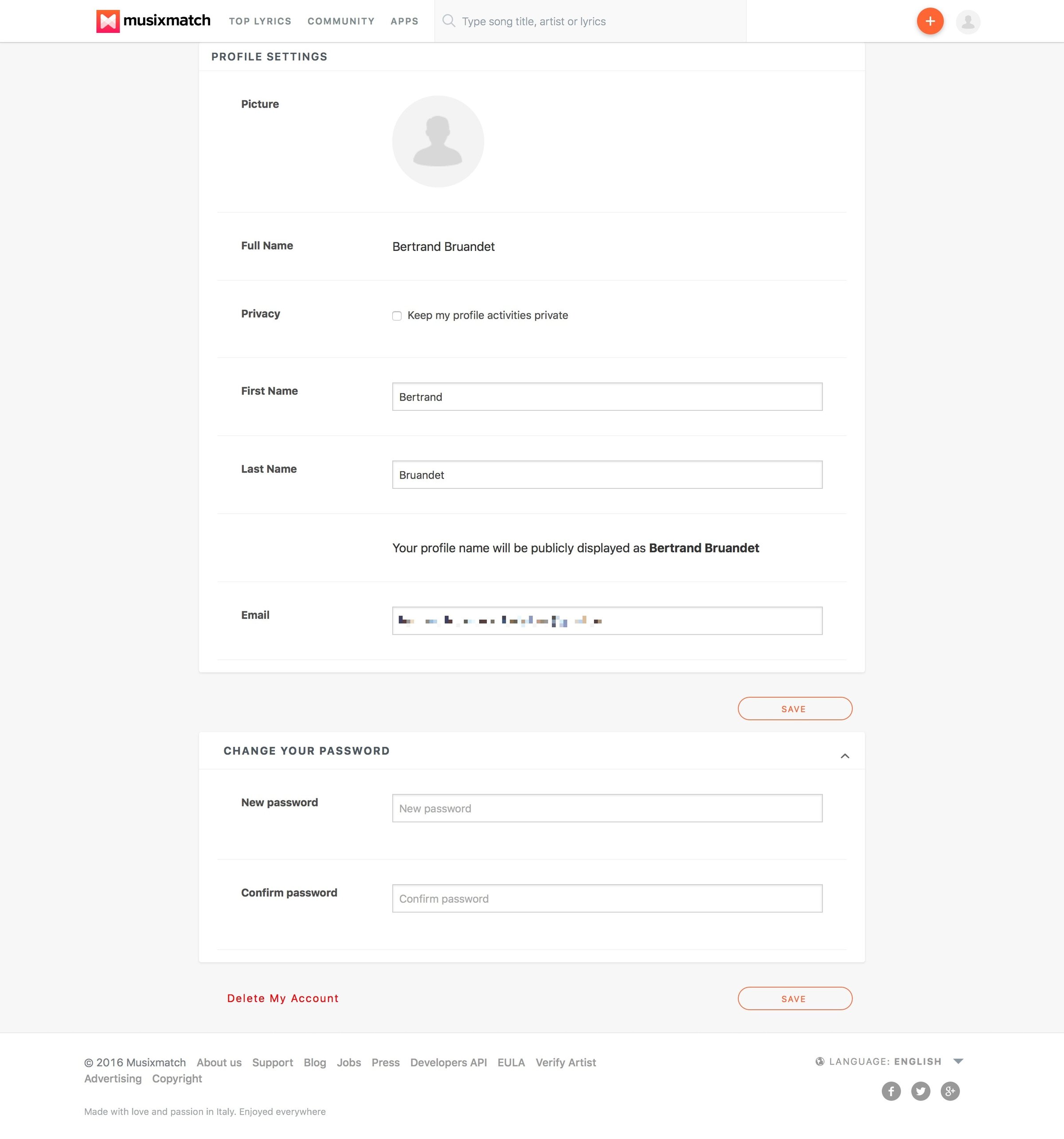 Musixmatch - Settings screen