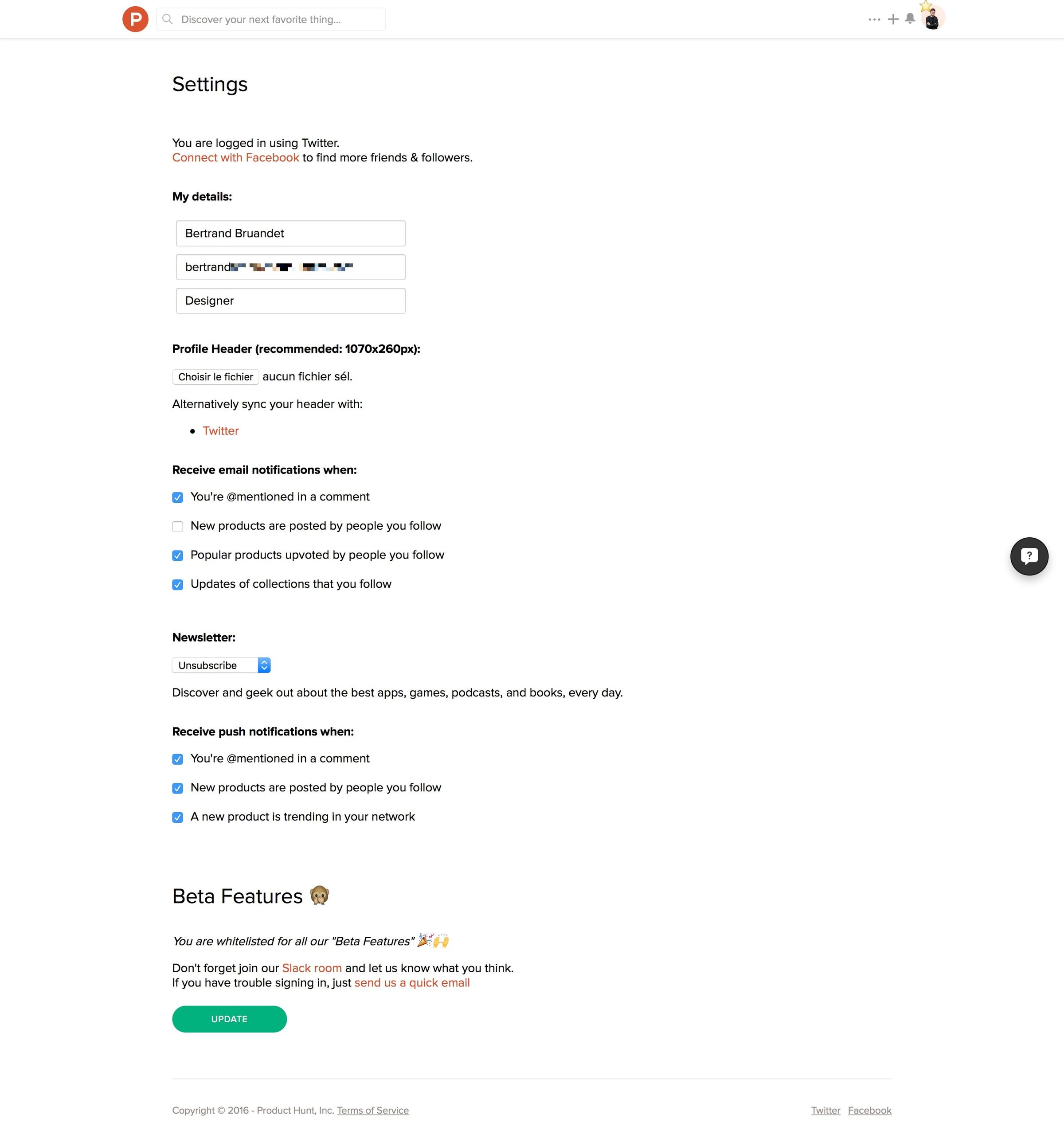 Product Hunt - Settings screen