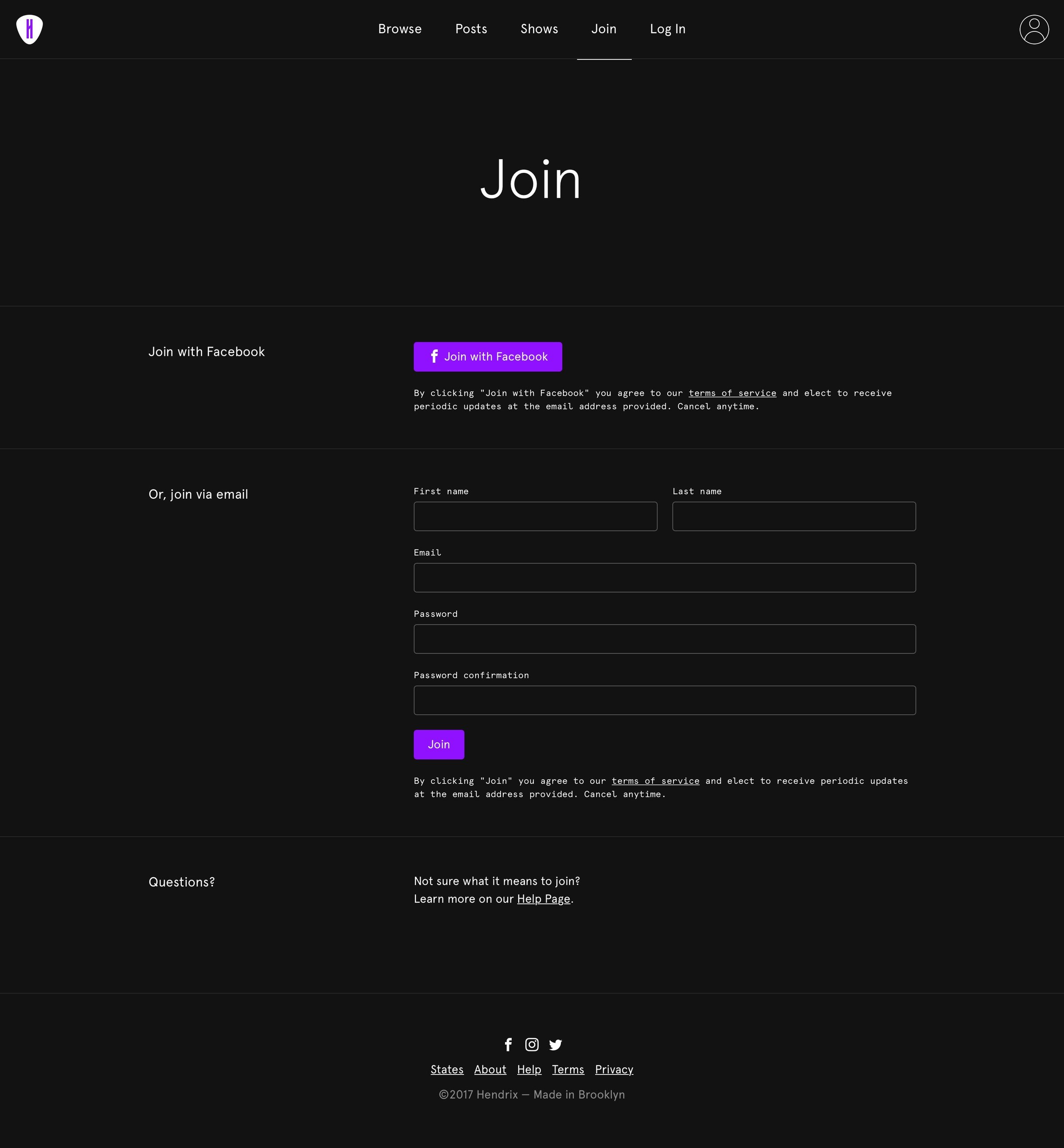 Hendrix - Sign up screen