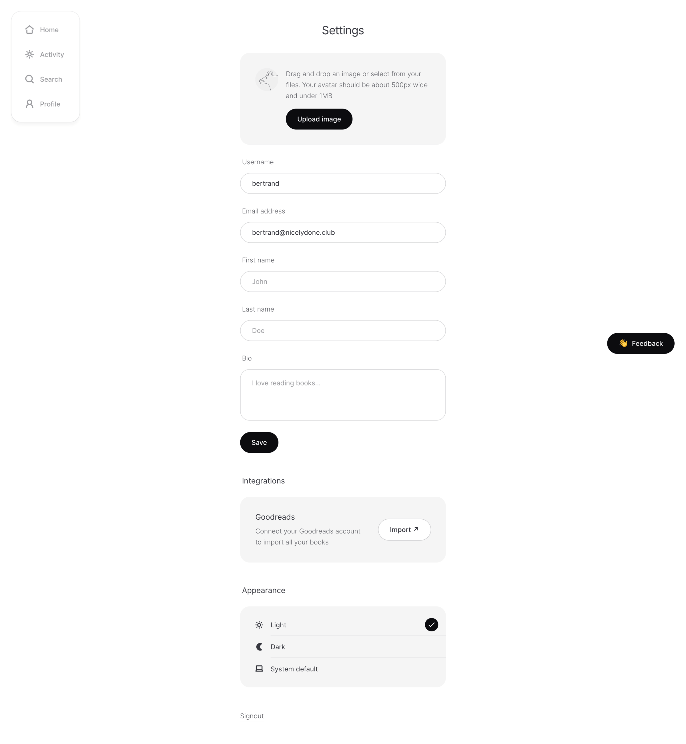 Readng - Settings screen
