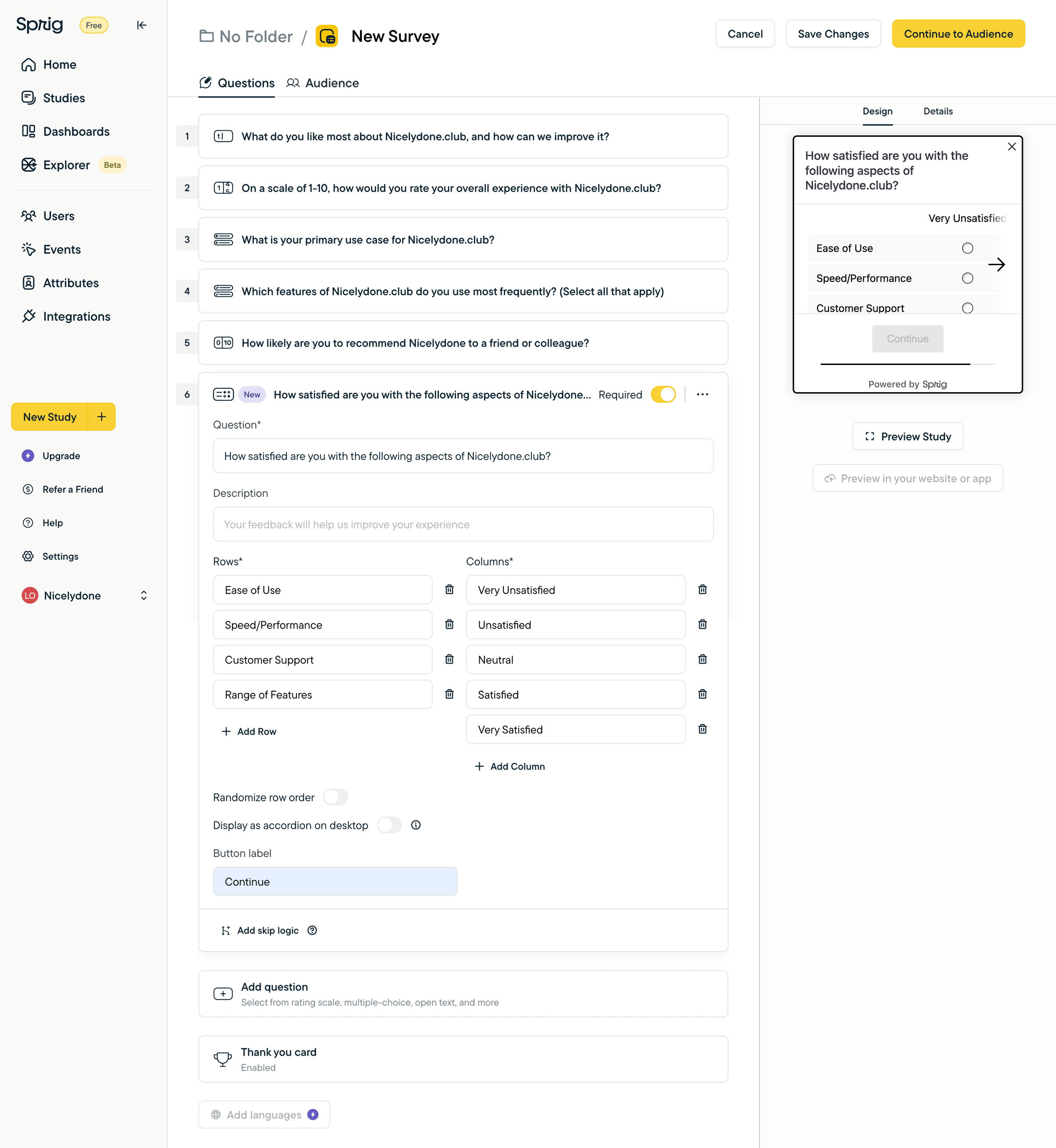 Sprig - Edit New Survey screen