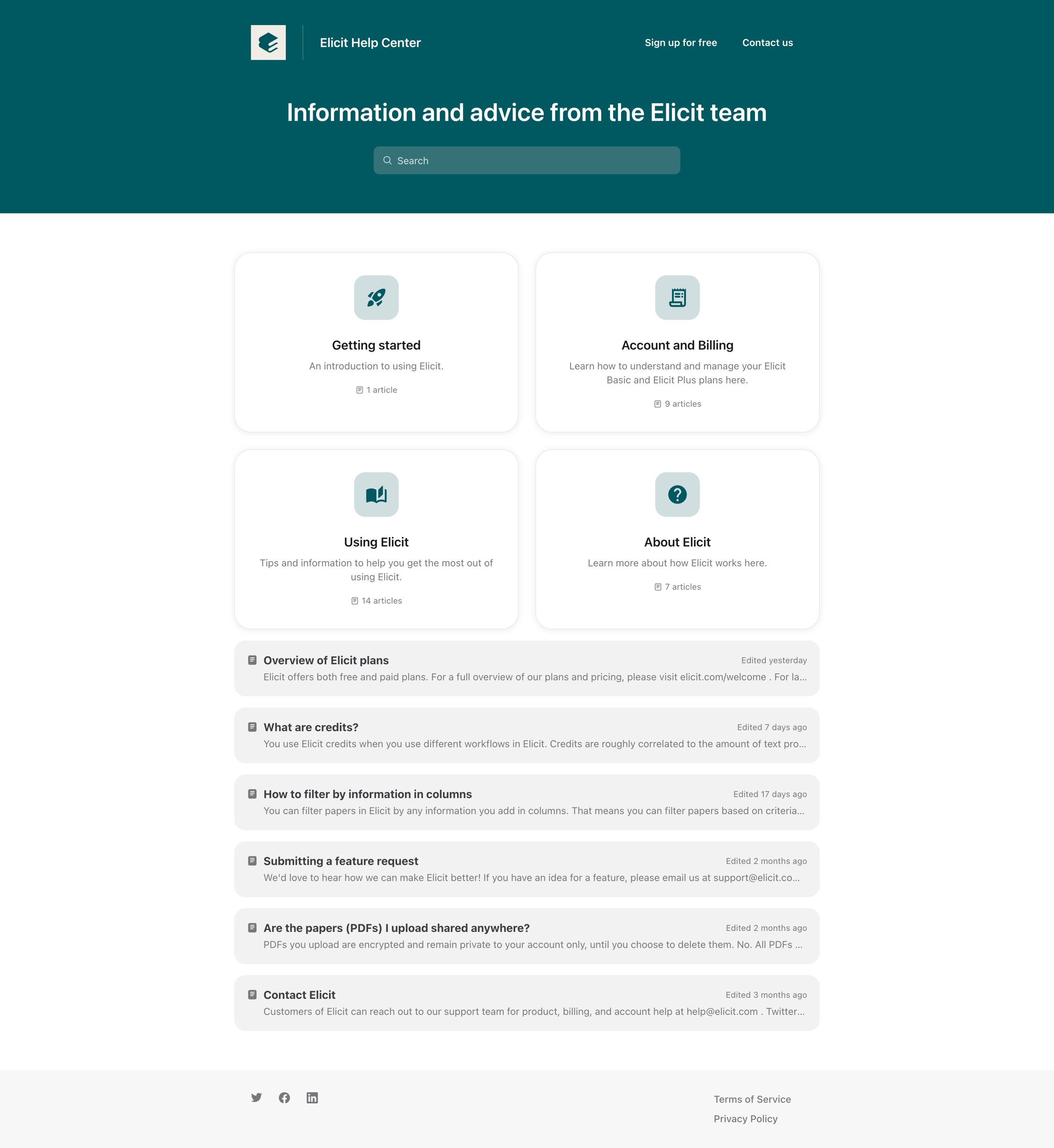 Elicit - Elicit Help Center screen