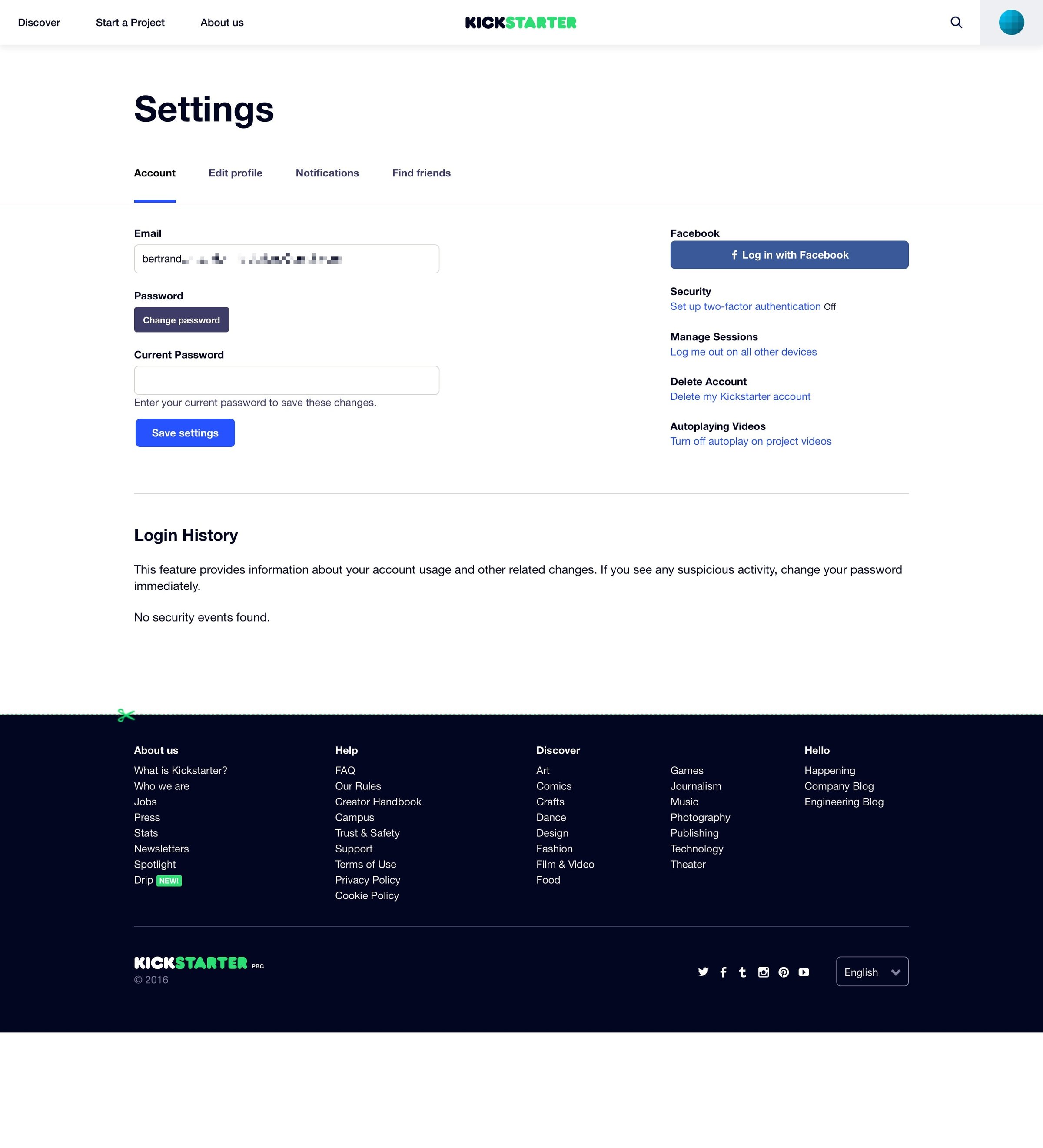 Kickstarter - Settings screen