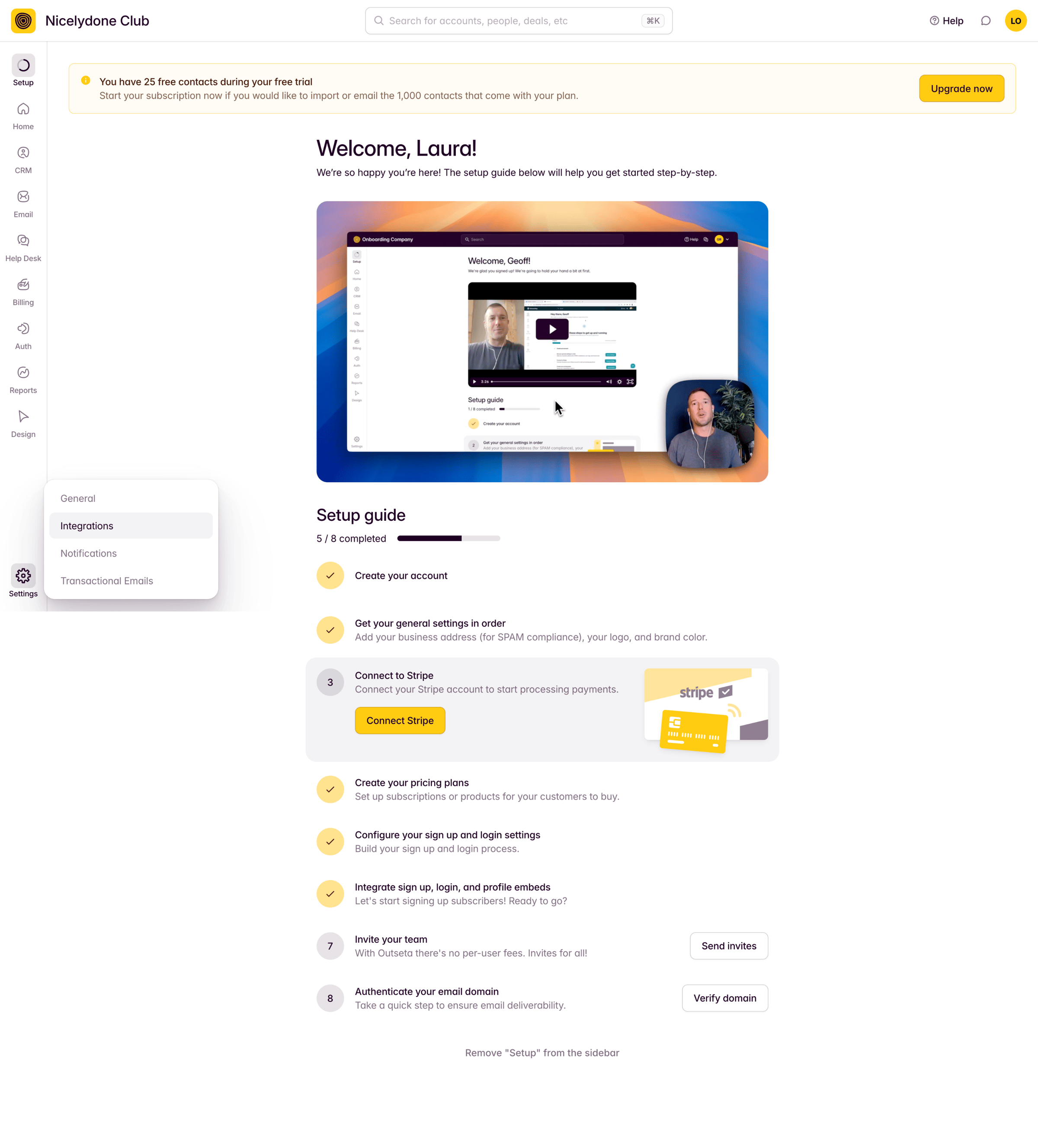 Outseta - Onboarding screen
