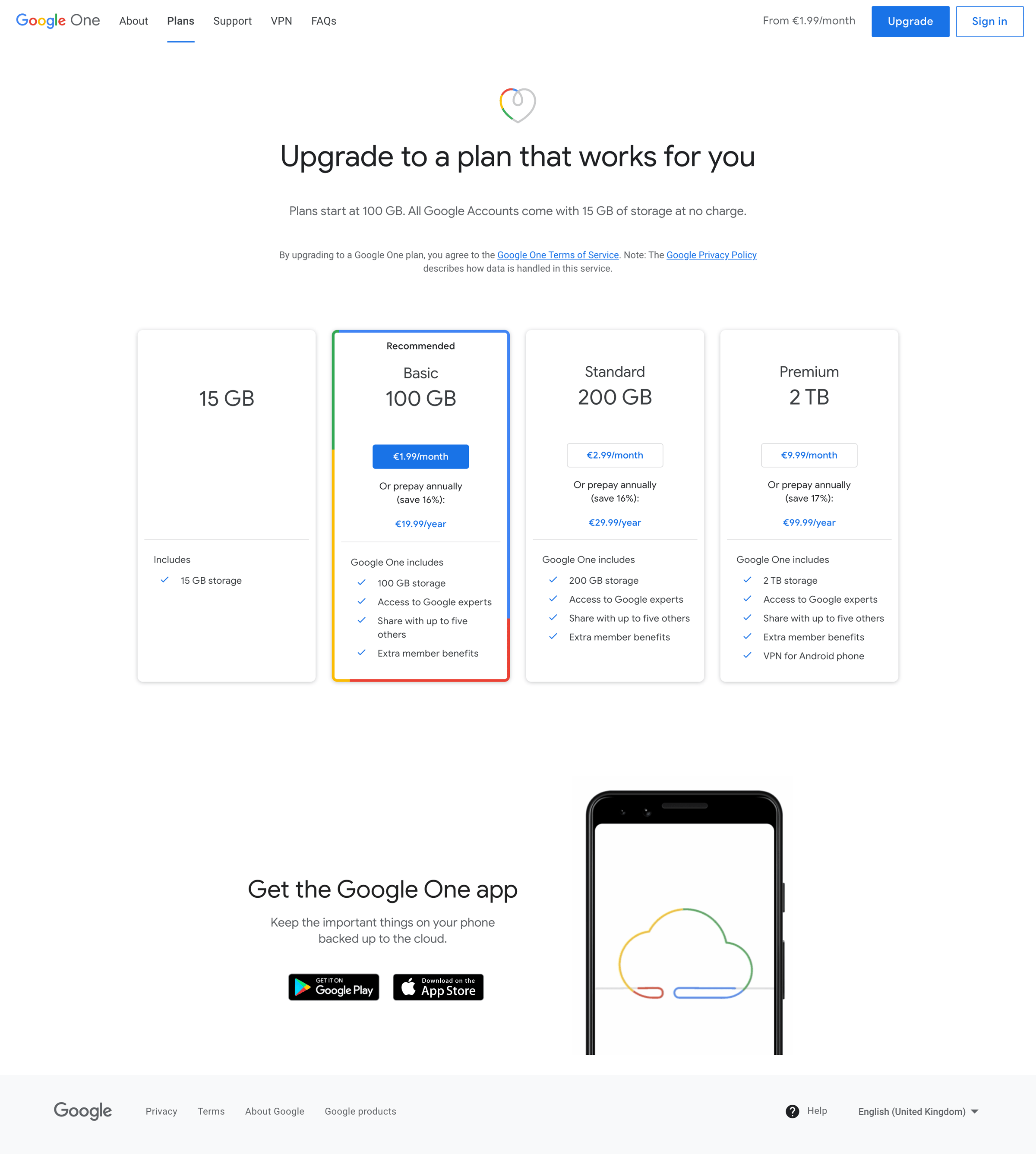 Google One - Plans and pricing – Google One screen