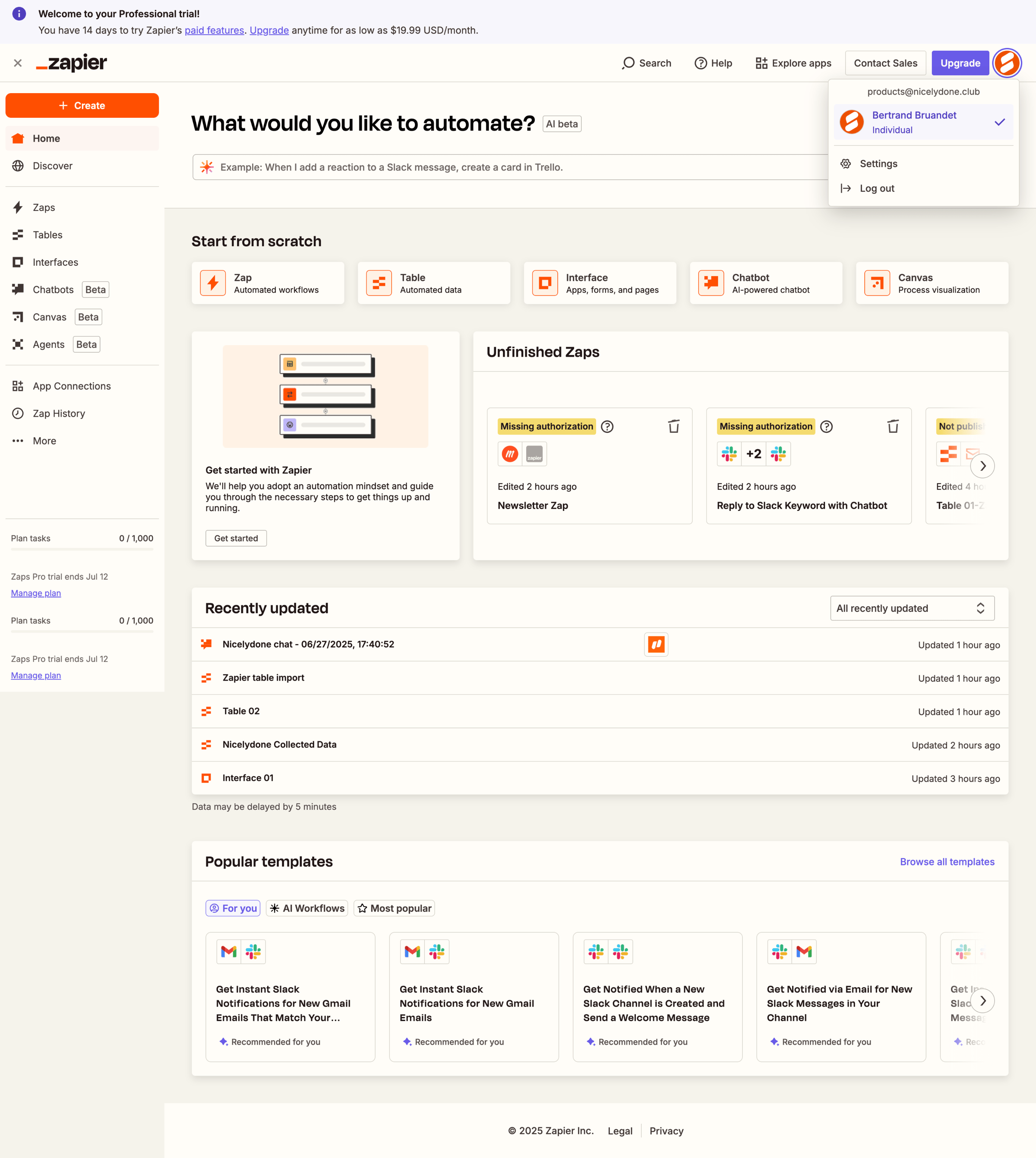 Zapier - Home | Zapier screen