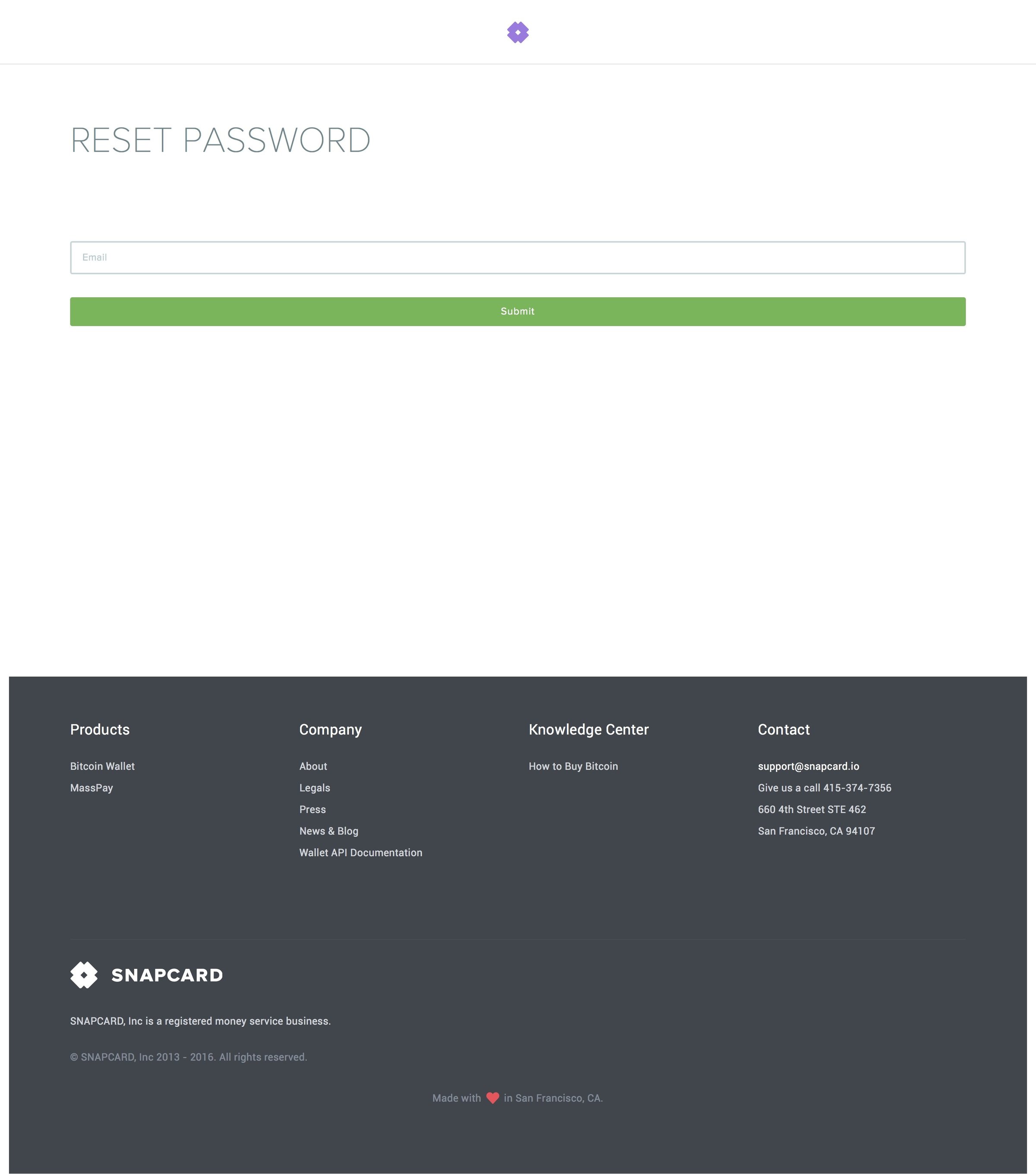 Snapcard - Password reset screen