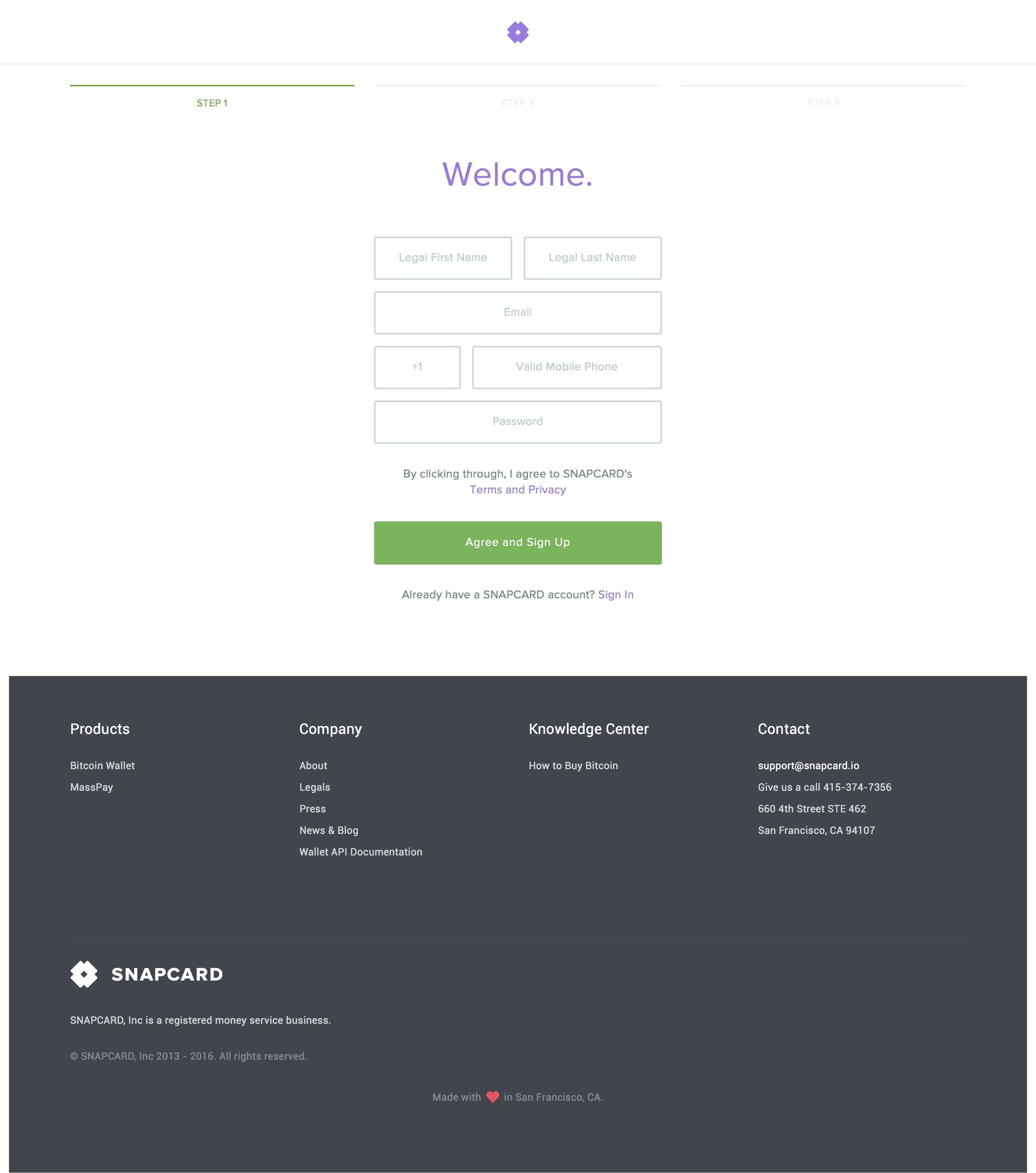 Snapcard - Sign up screen