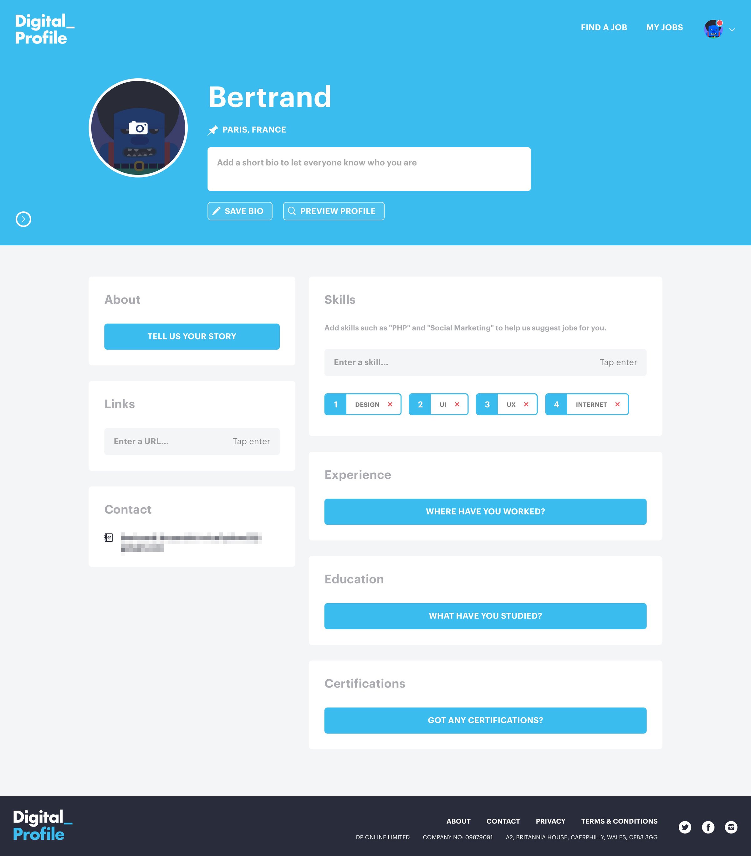 Digital profile - Settings screen