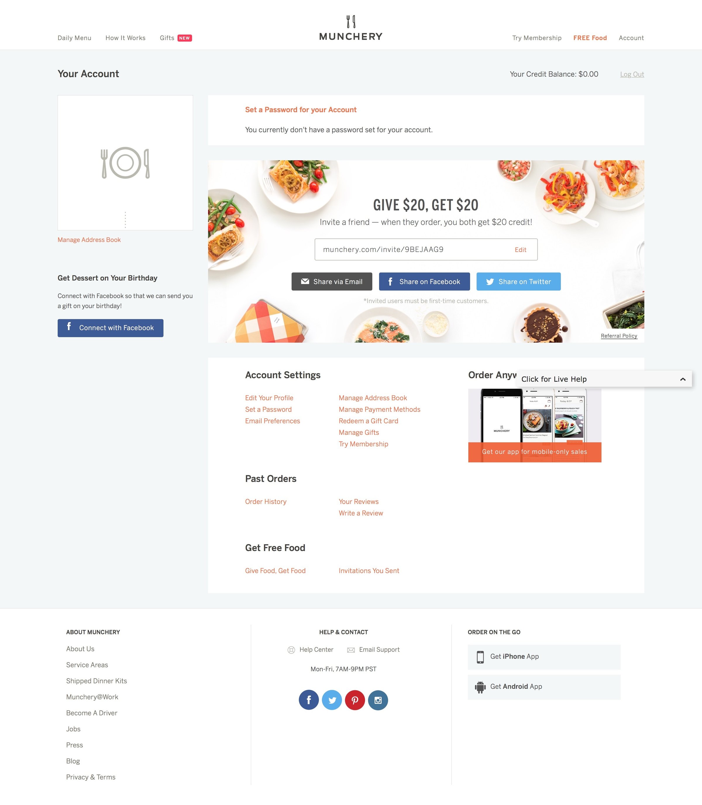 Munchery - Settings screen