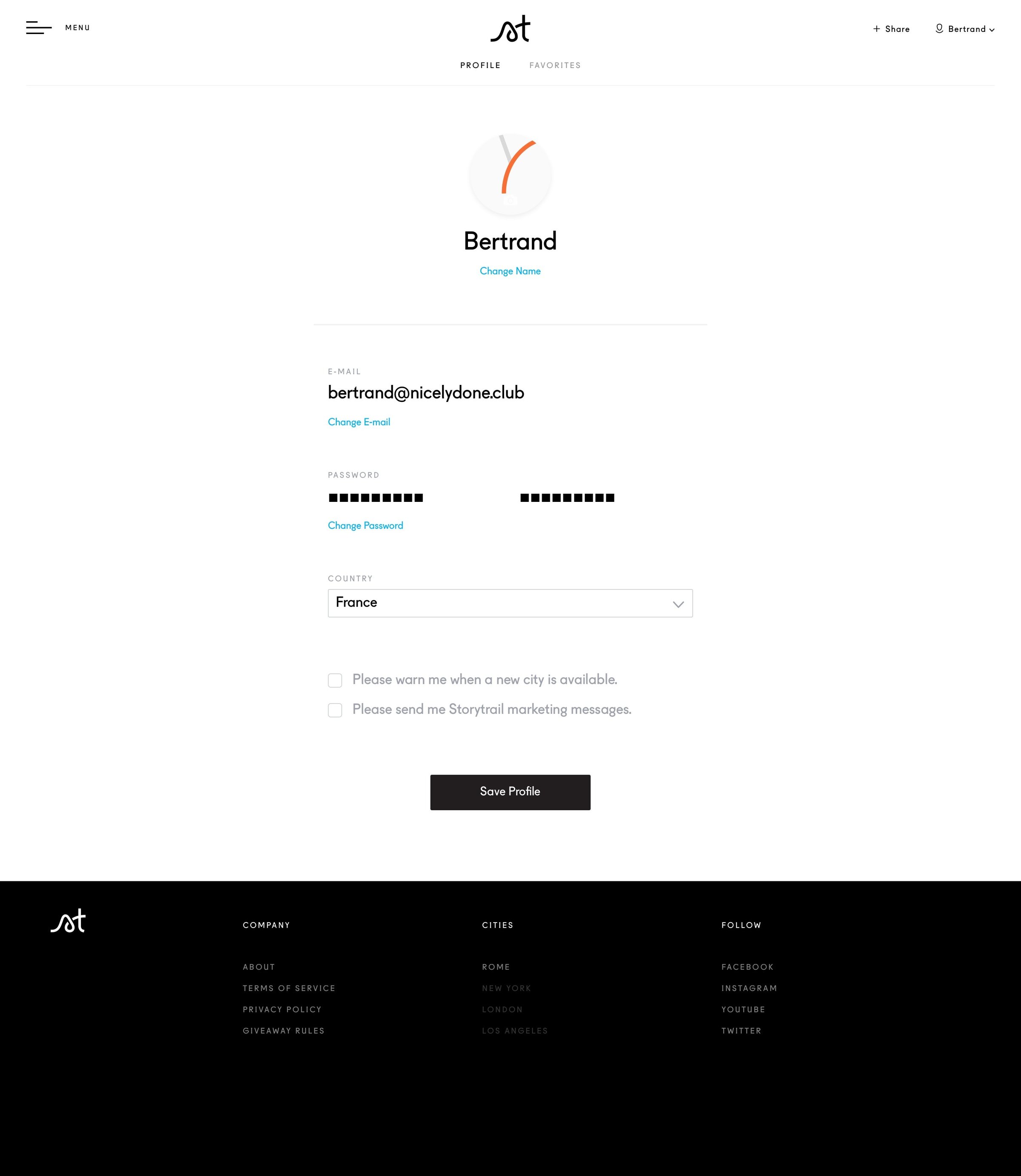 Storytrail - Account settings screen