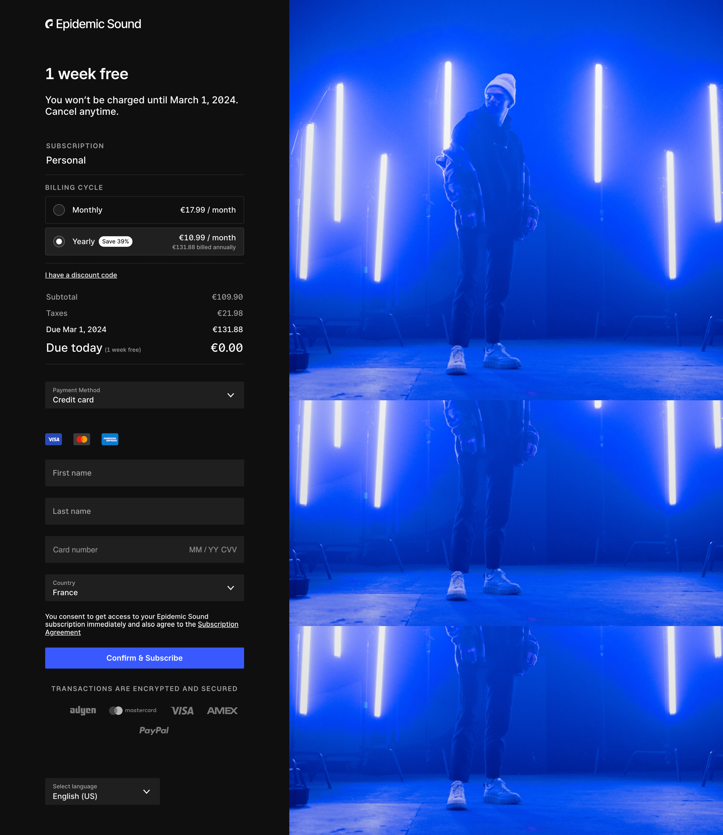Epidemic Sound - 100 | Create an account - Personal subscription Epidemic Sound screen
