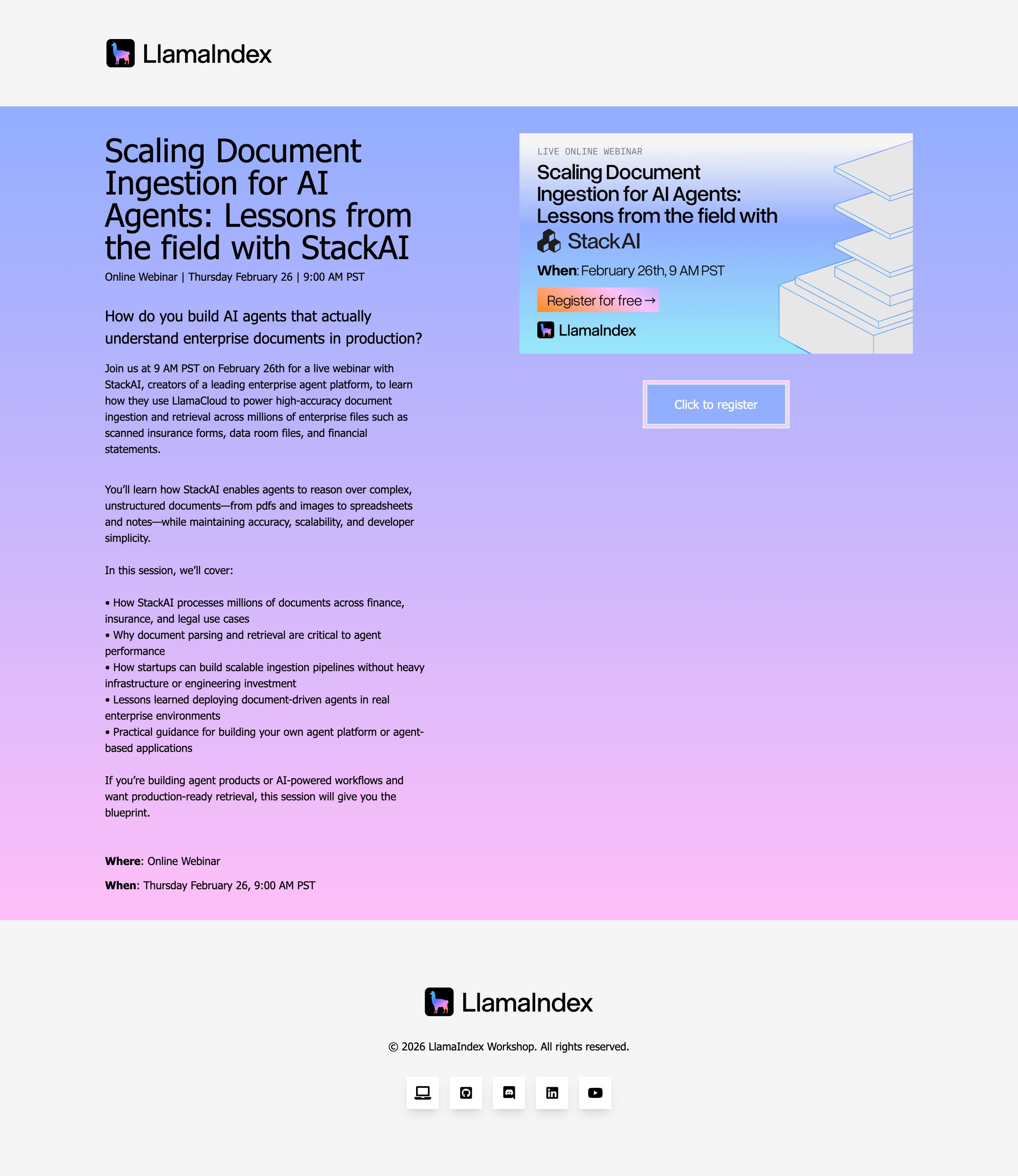 Llamaindex - Scaling Document Ingestion for AI Agents Lessons from the field with StackAI screen