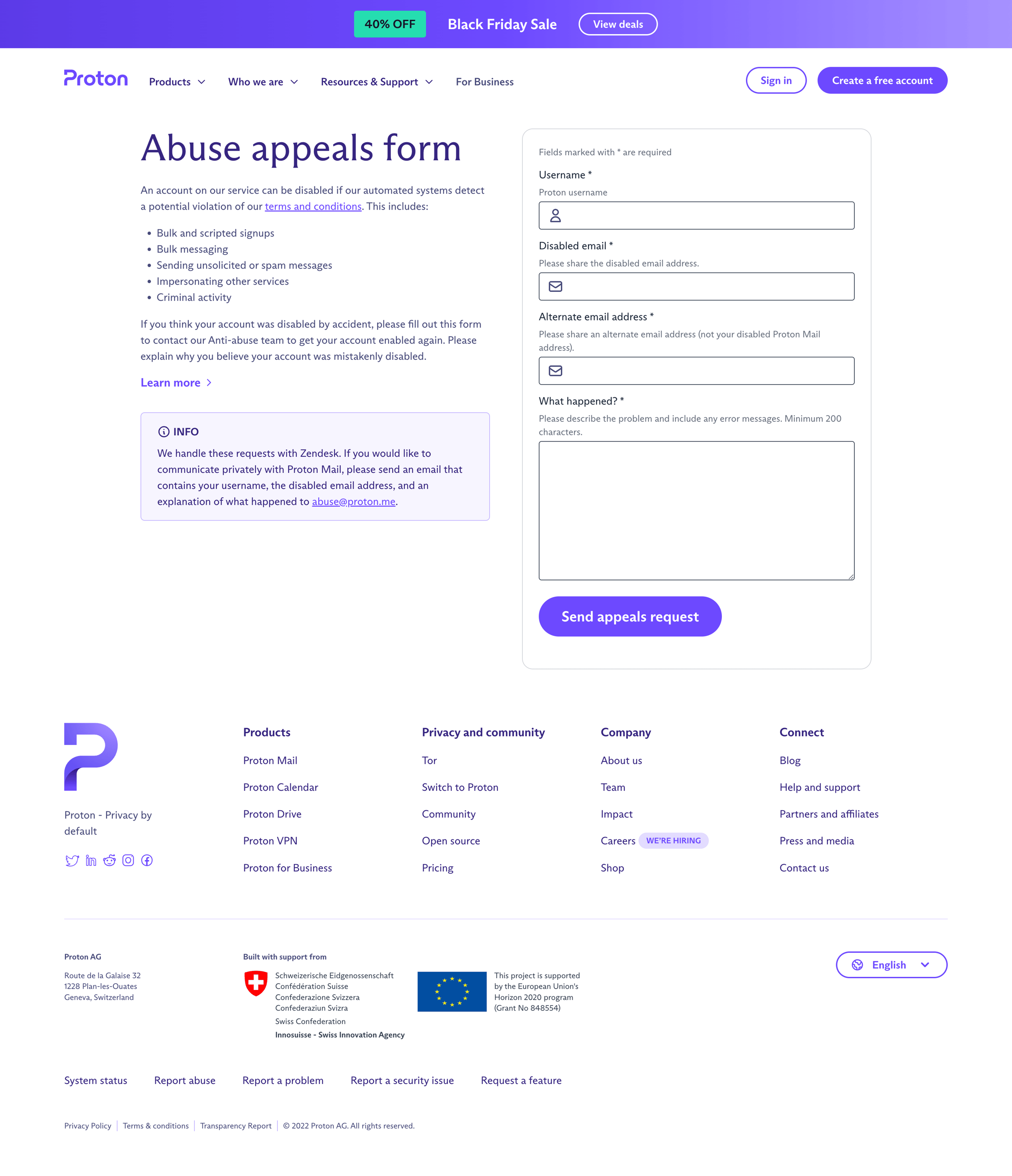 Proton - Abuse appeals form screen