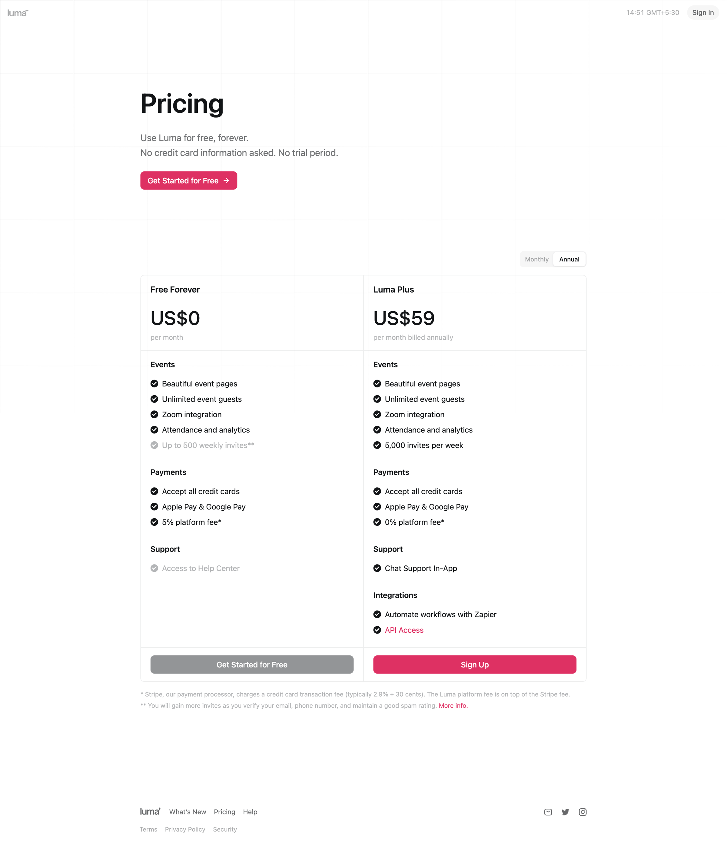 Luma - Pricing · Luma screen