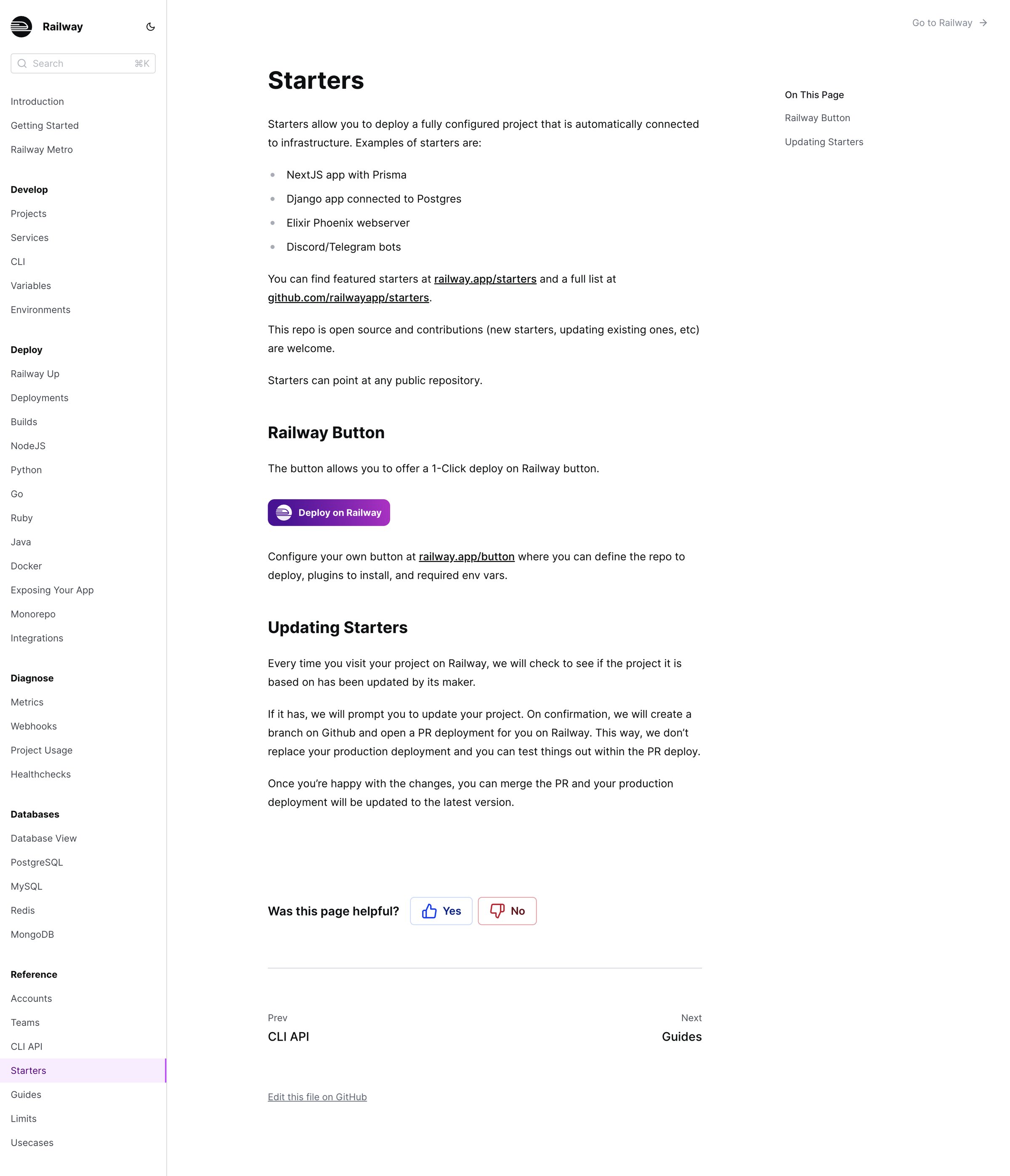 Railway - Starters | Railway Docs screen