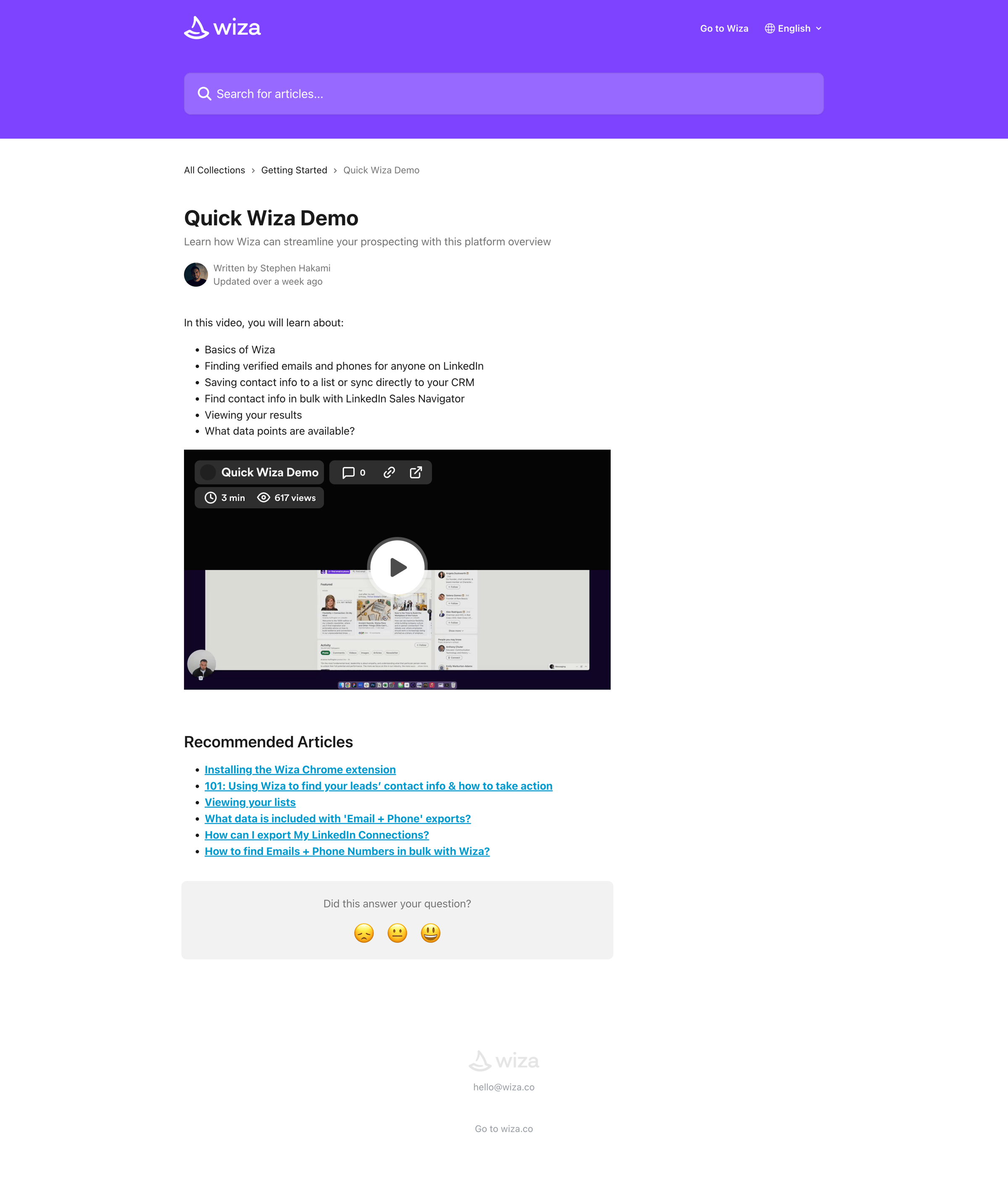 Wiza - Quick Wiza Demo | Wiza Help Center screen