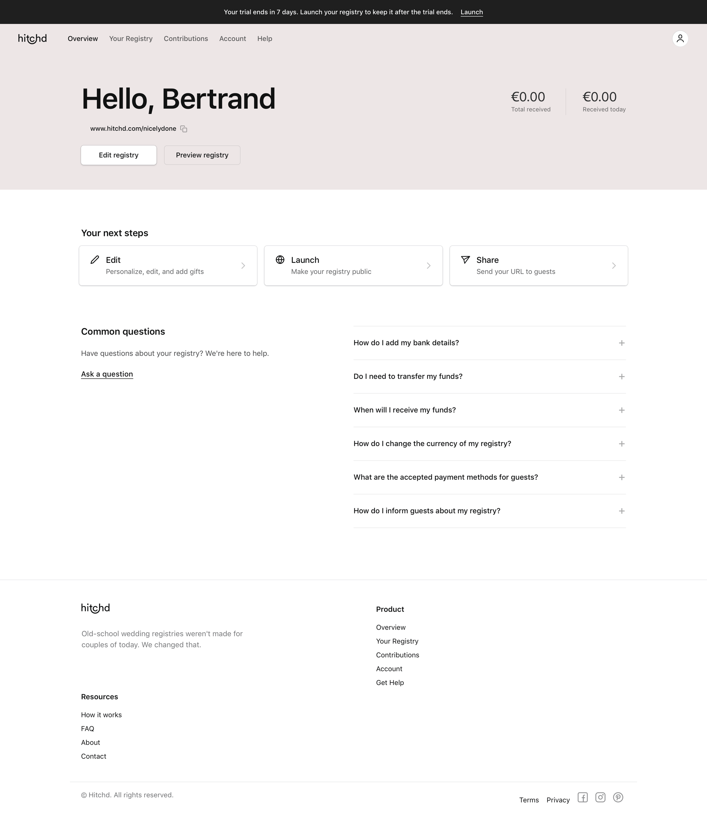 Hitchd - Home product / Logged home screen