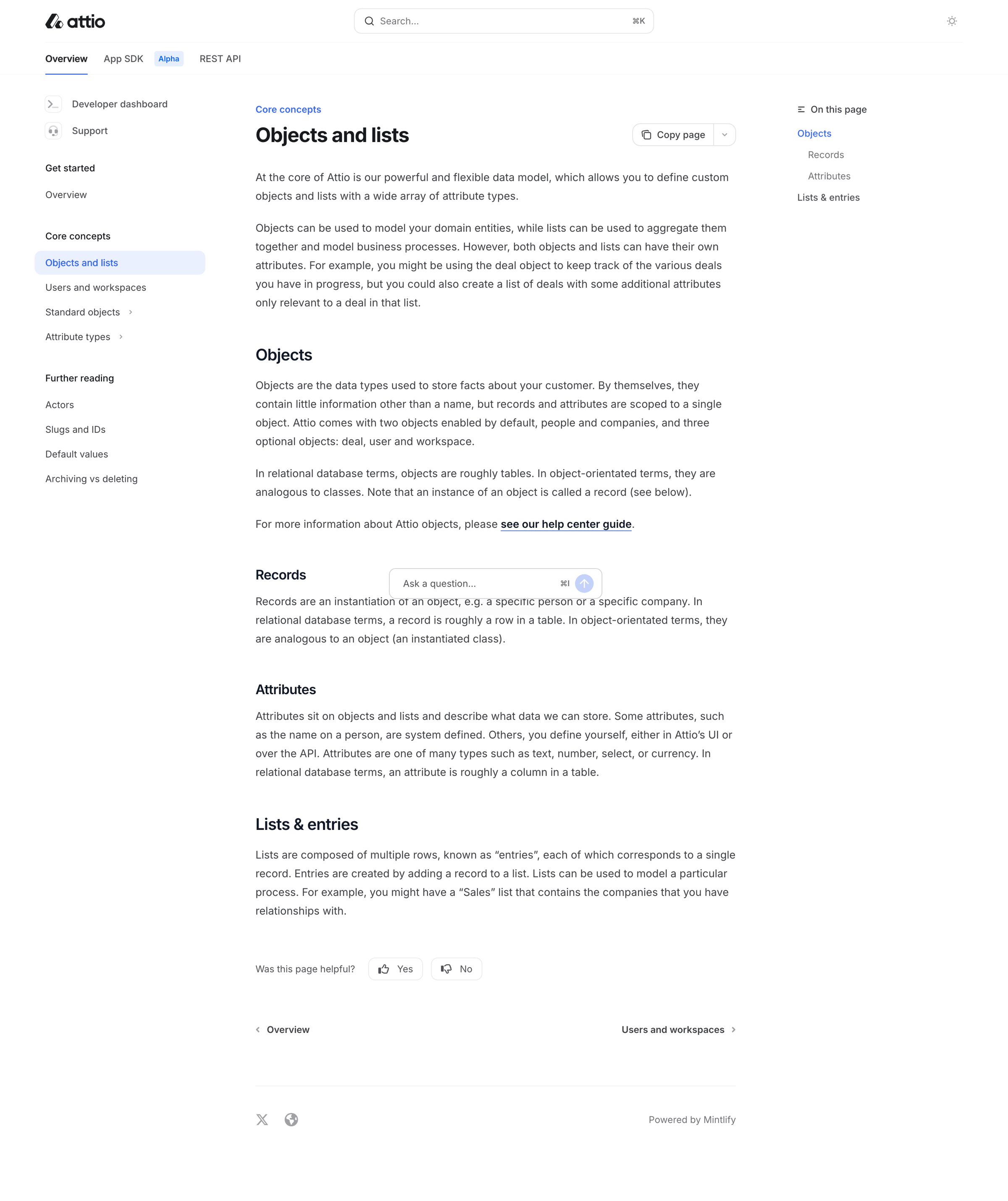Attio - Objects and lists - Attio Docs screen