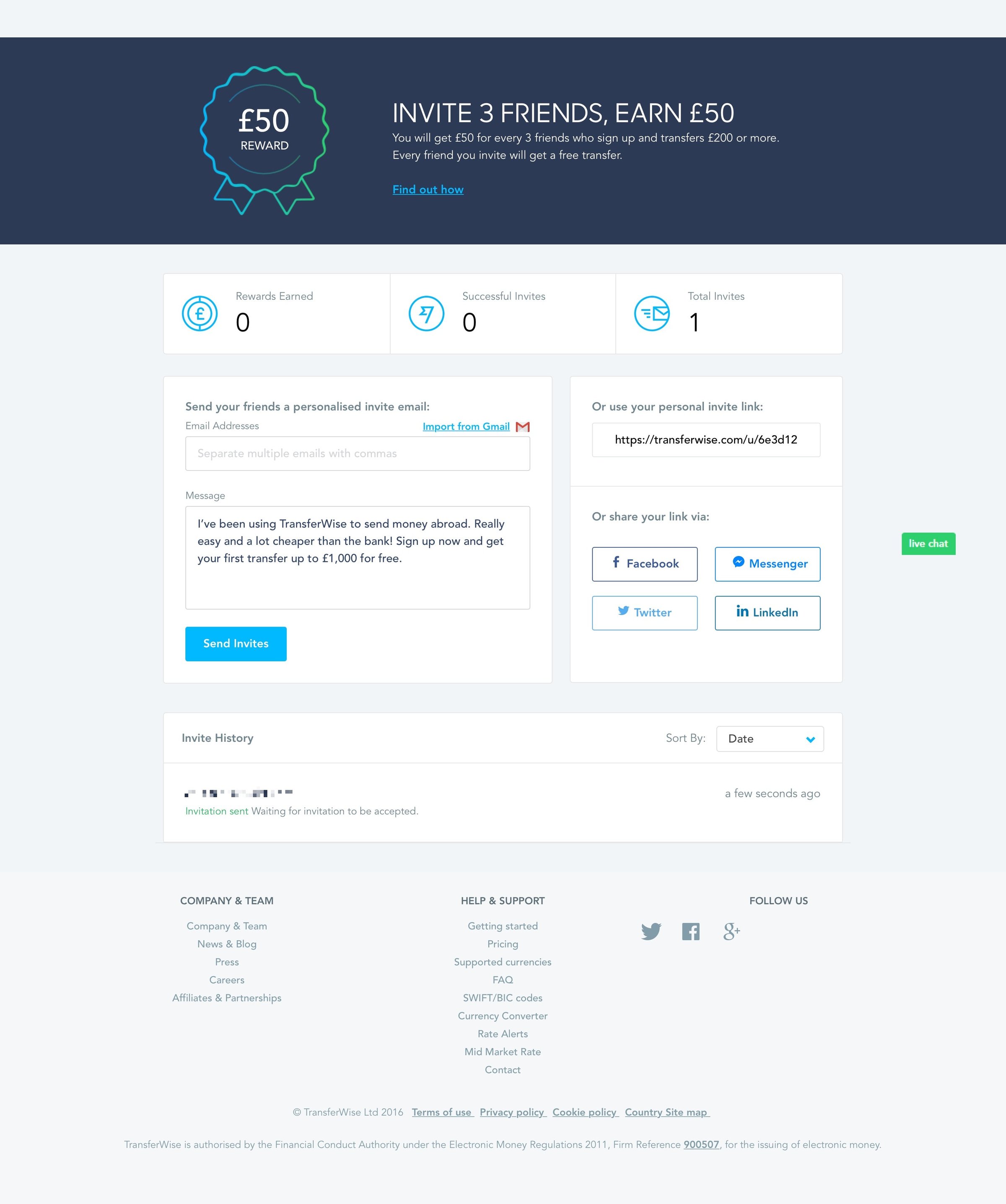 TransferWise - Invite friends screen