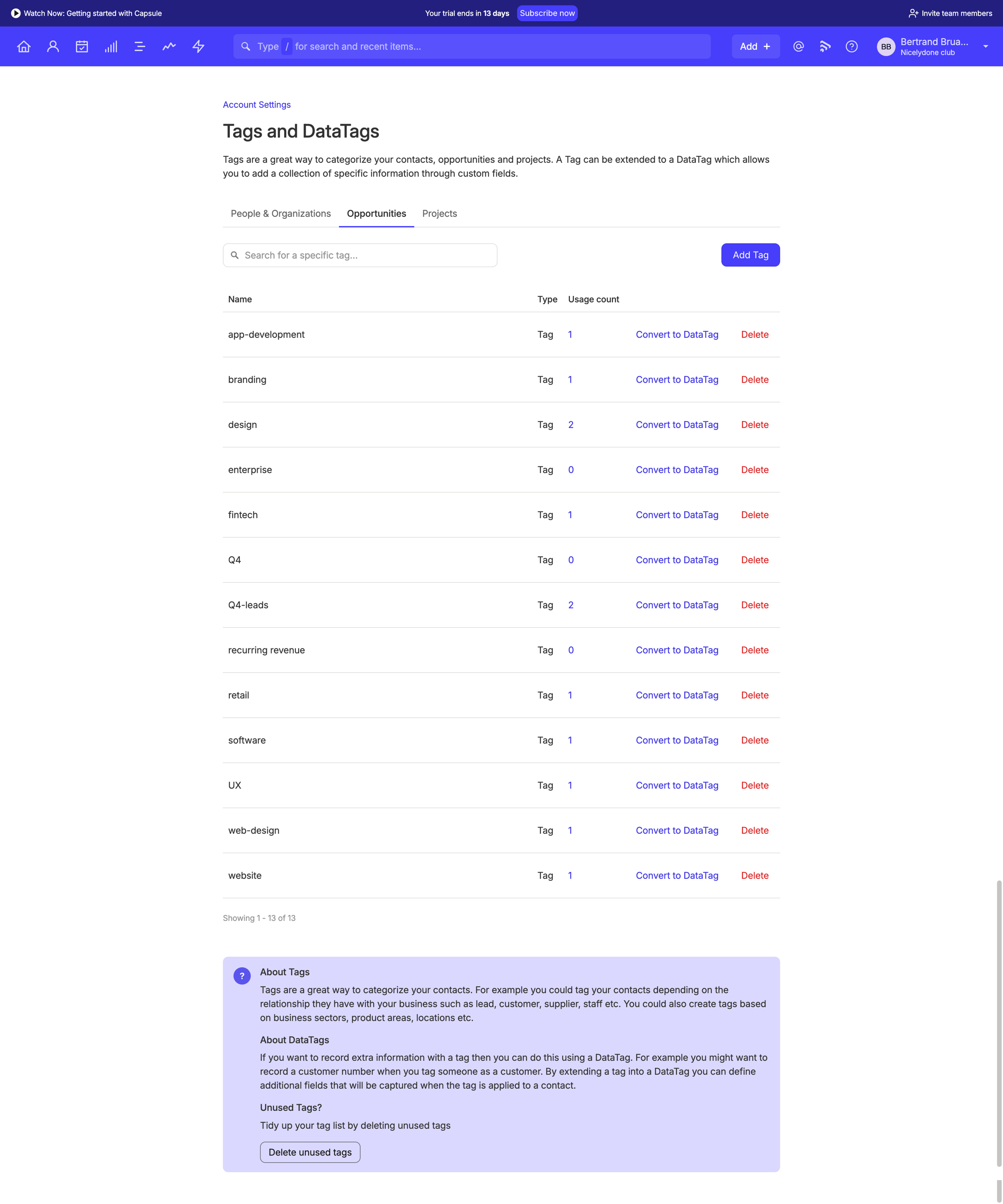 Capsule - Tags | Nicelydone club CRM screen