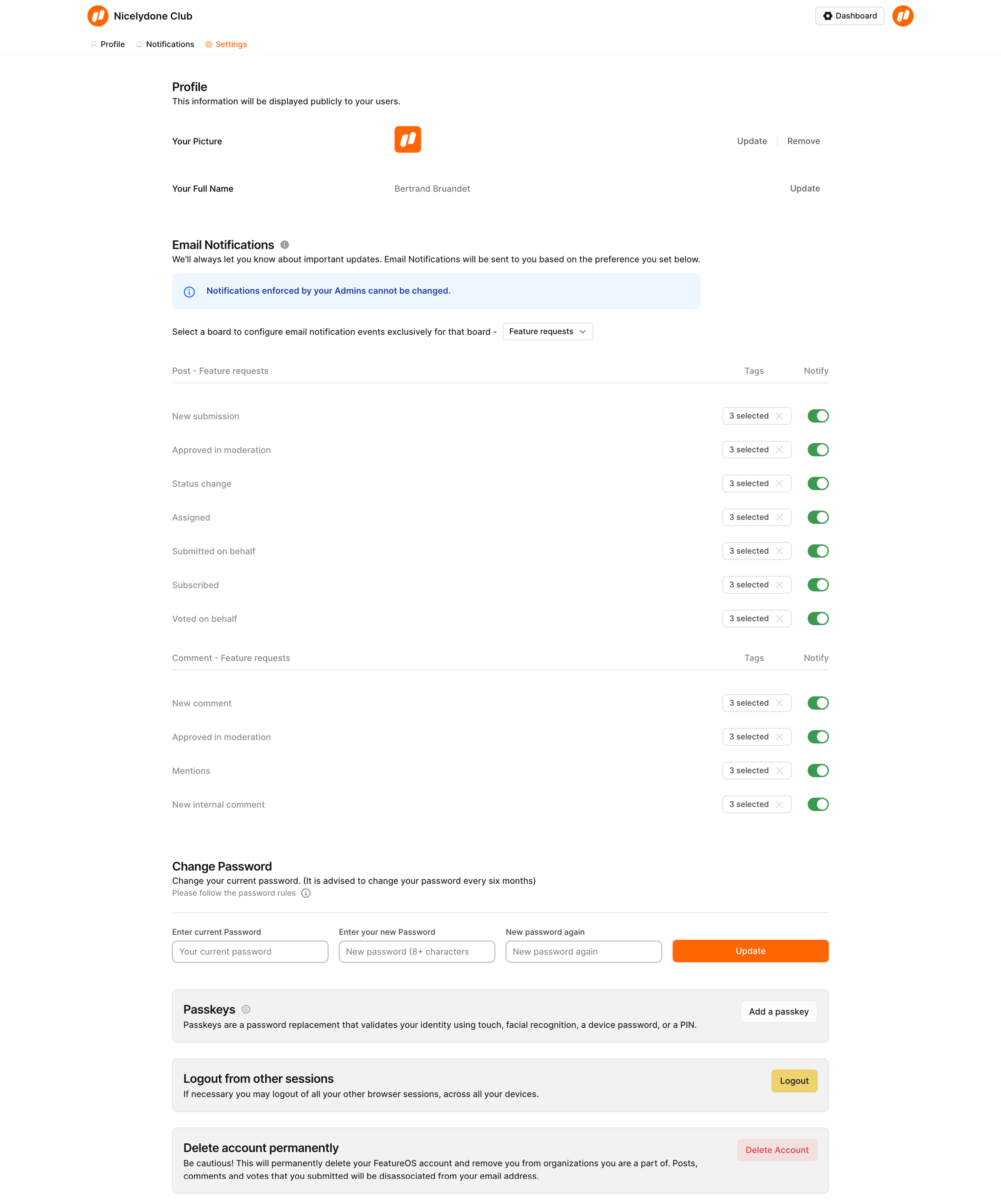 FeatureOS - Settings | Nicelydone Club screen
