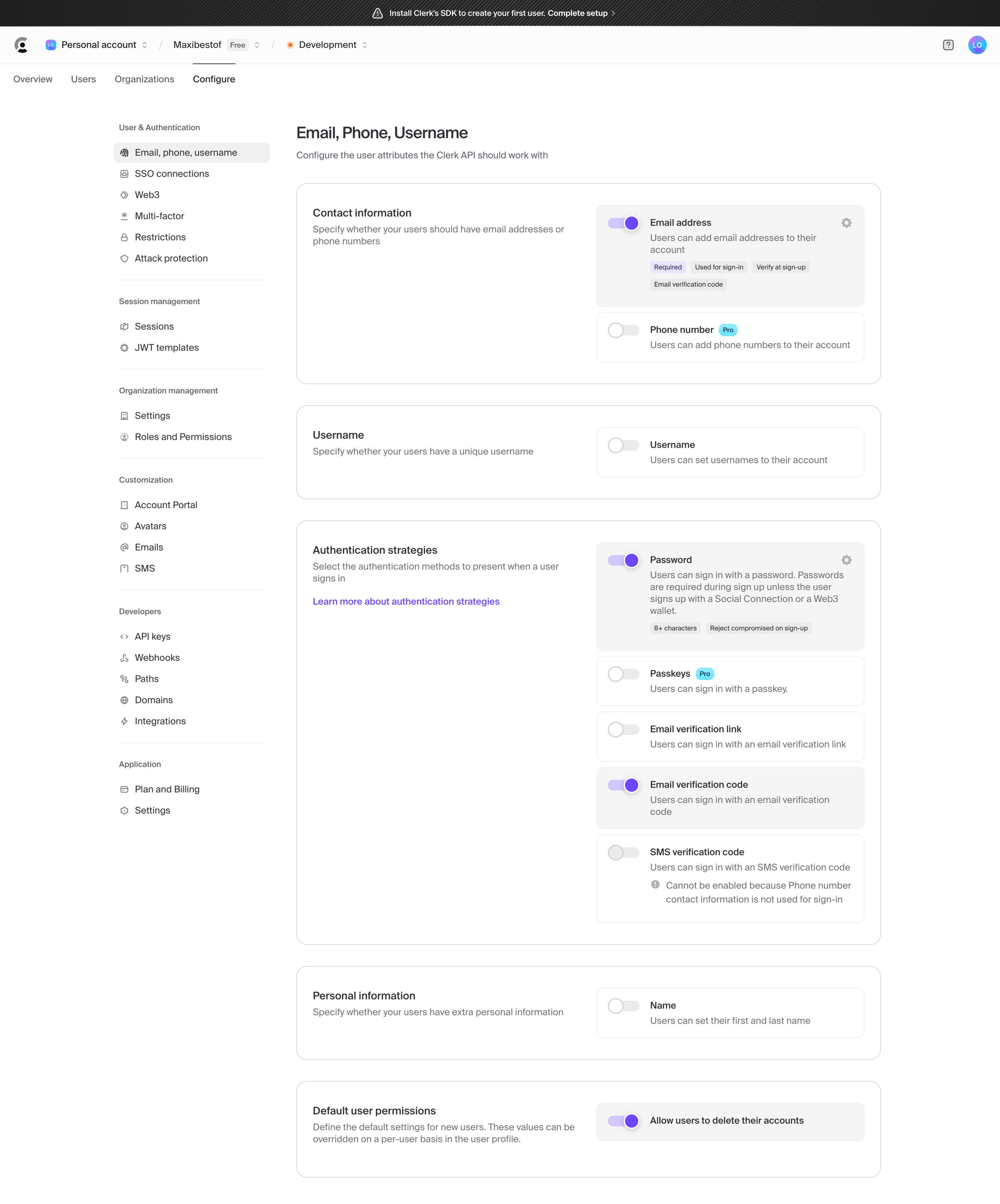 Clerk - Dashboard | Clerk.com screen