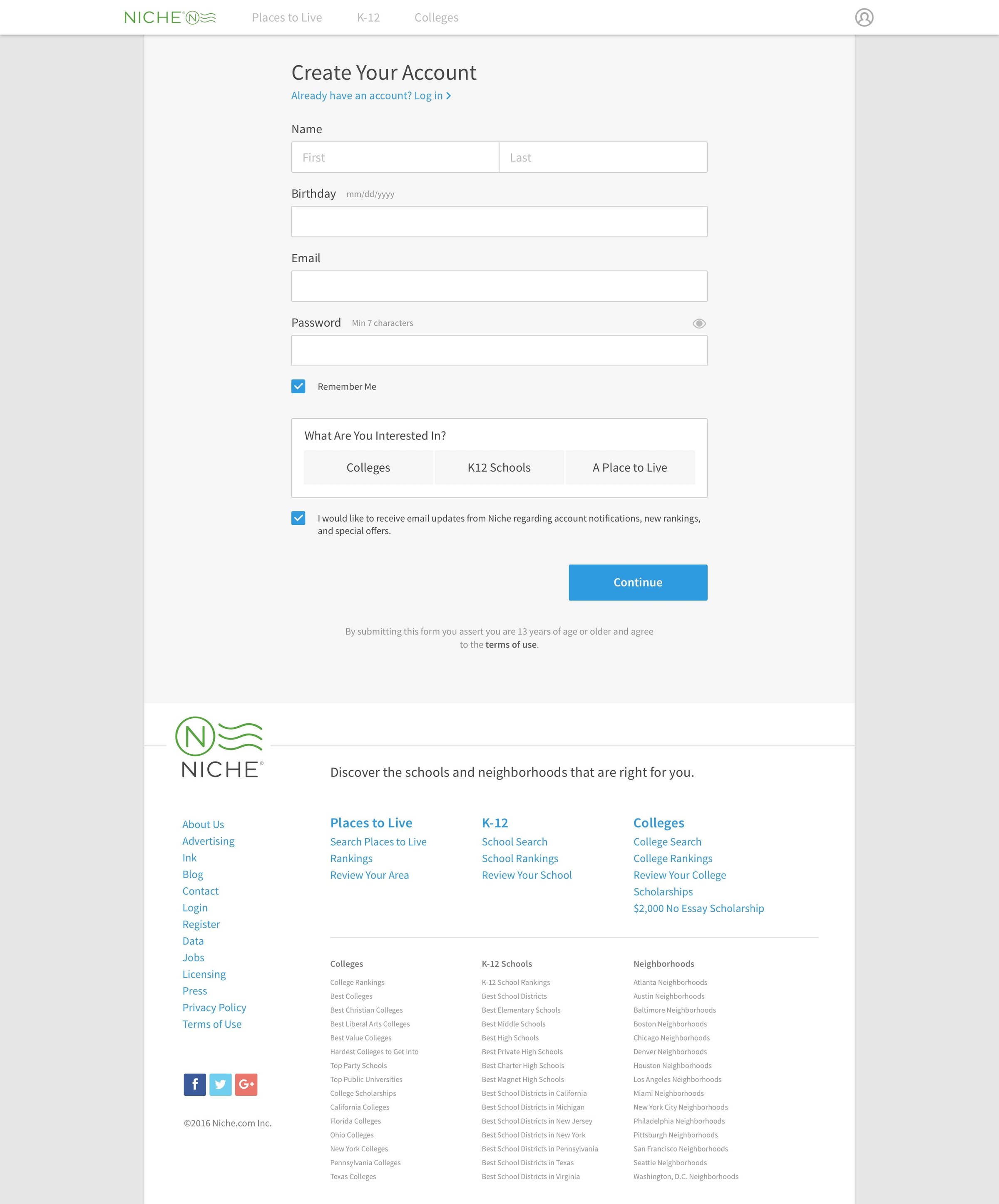 Niche - Sign up screen