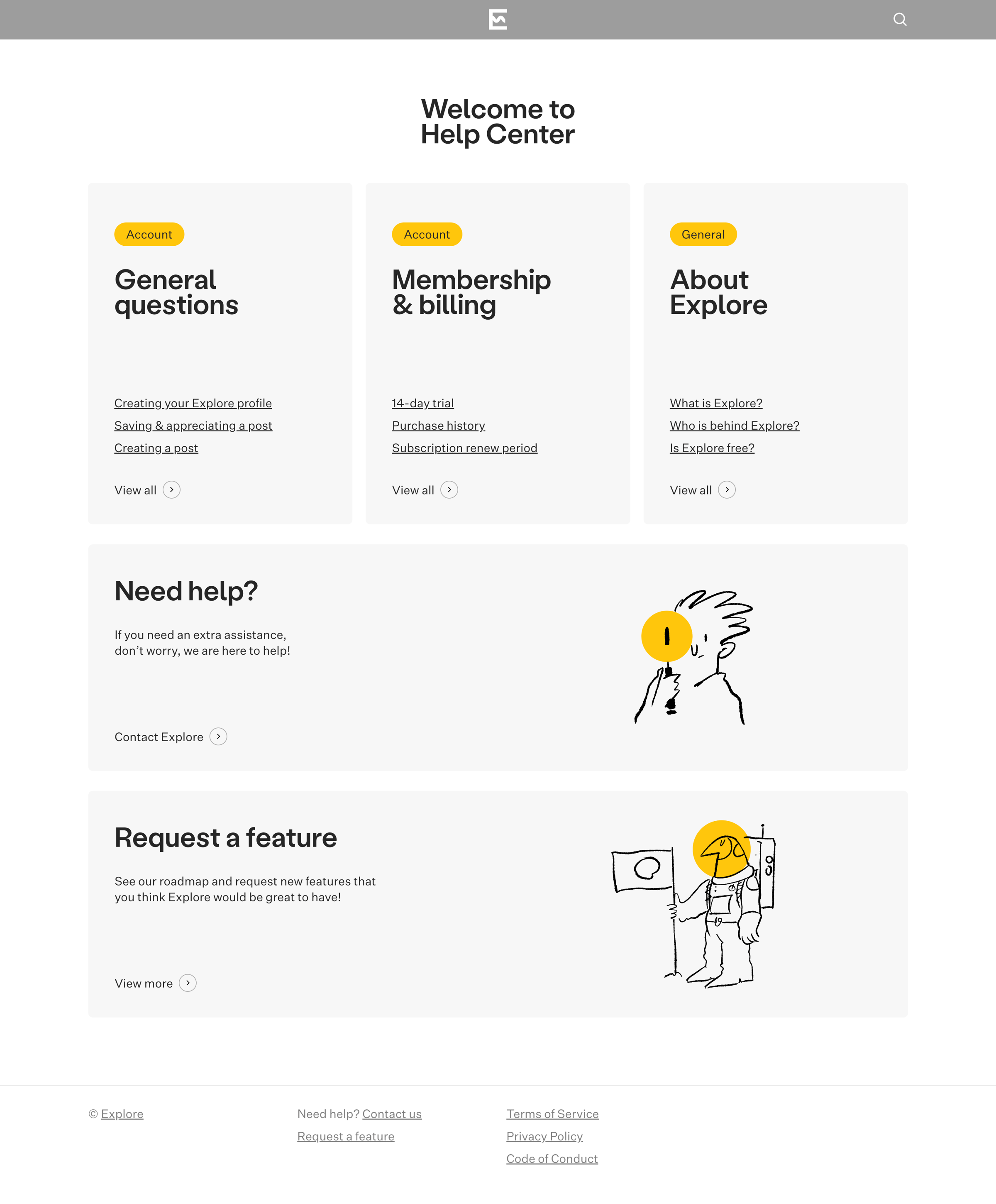 Explore - Help Center – Explore – Support page for the creative community p screen