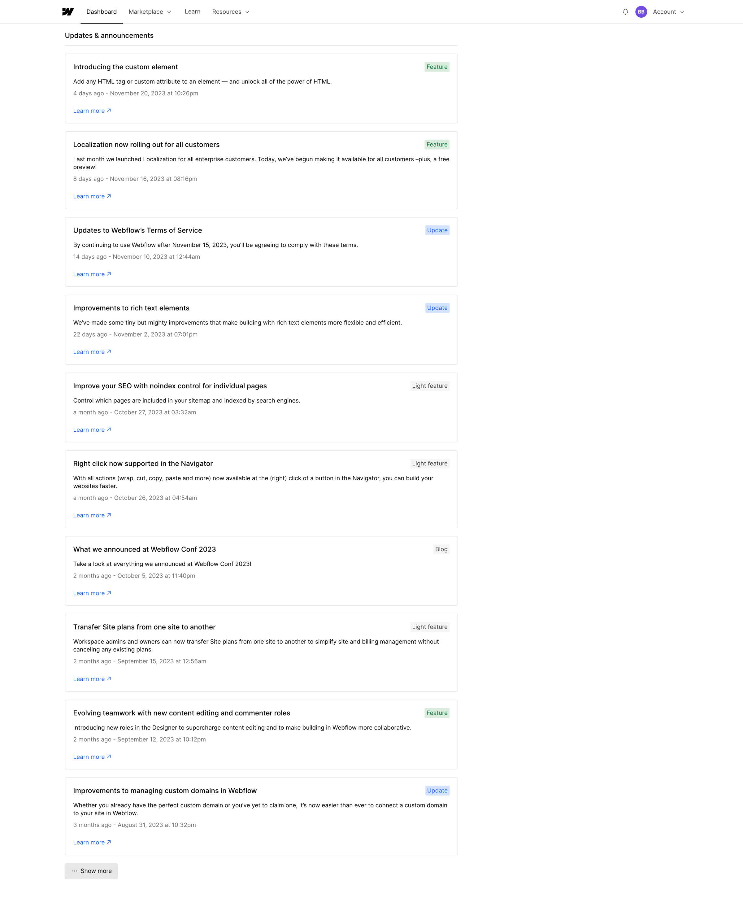 Webflow - Updates - Webflow screen