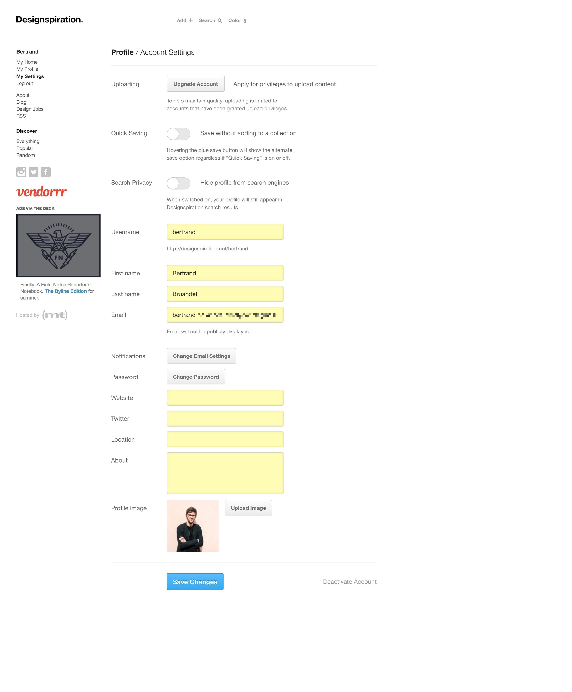 Designspiration - Settings screen