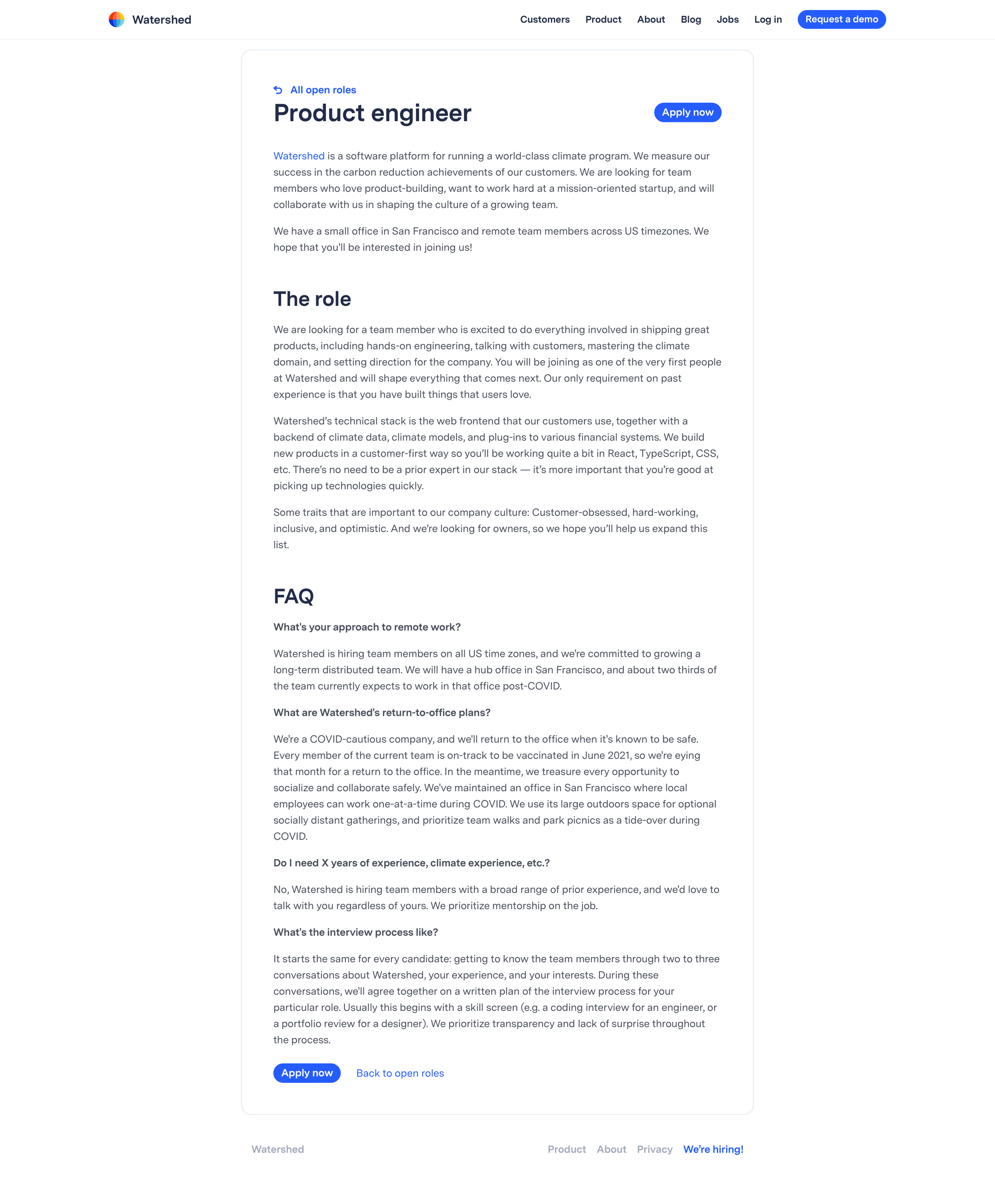 Watershed - Product engineer – Watershed Jobs screen