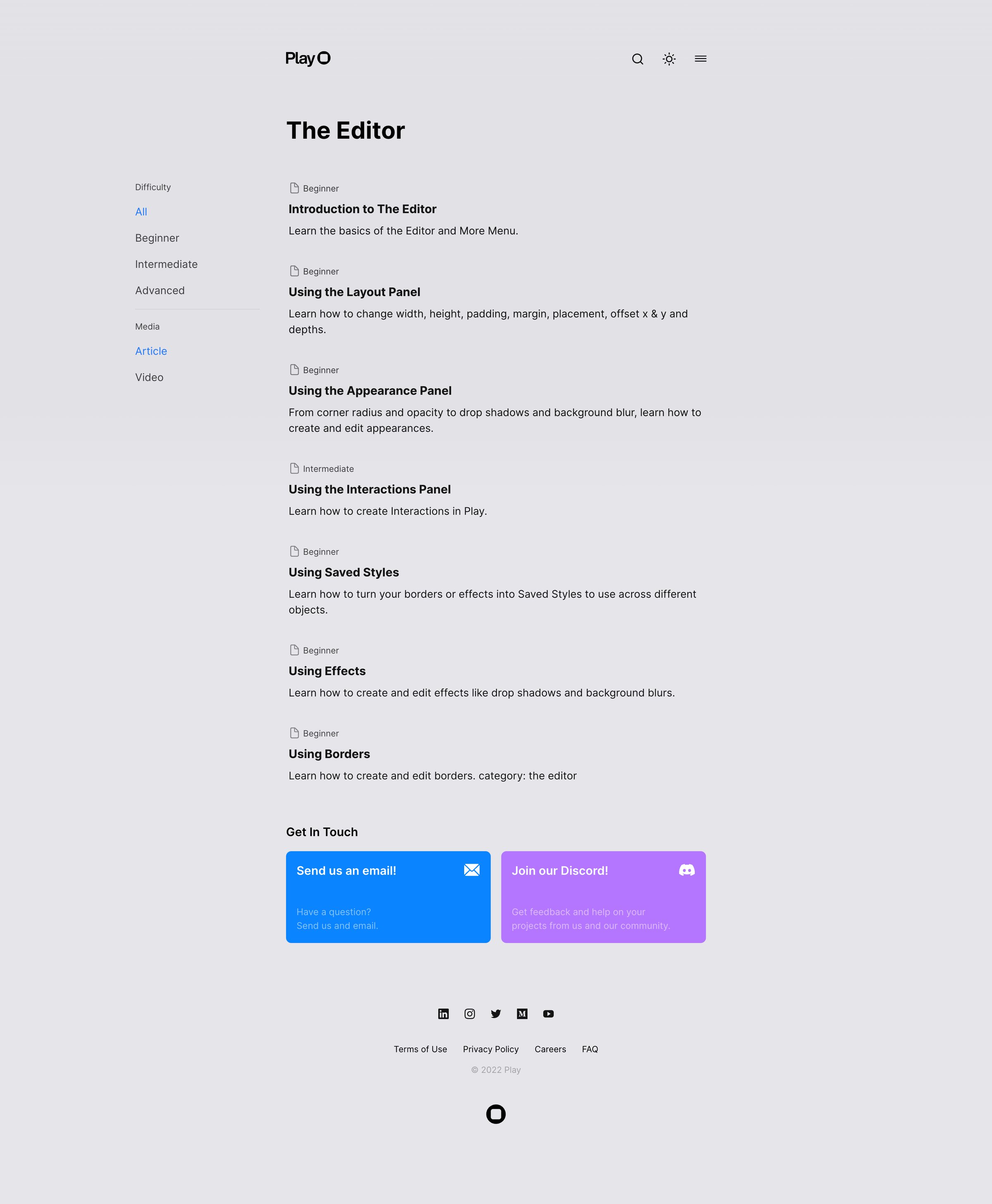 Play - Learn Play — Support | Documentation screen