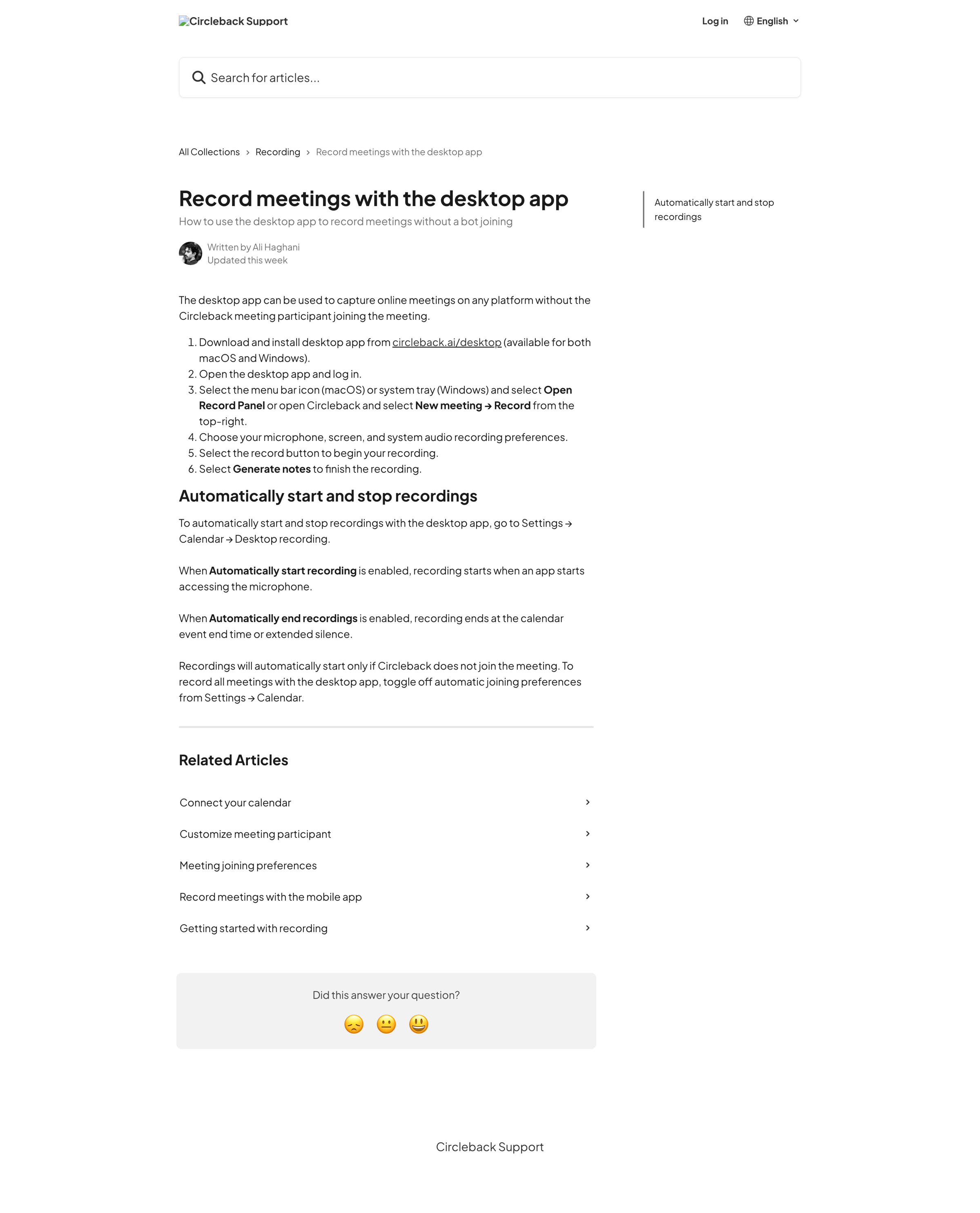 Circleback - Record meetings with the desktop app Circleback Support screen