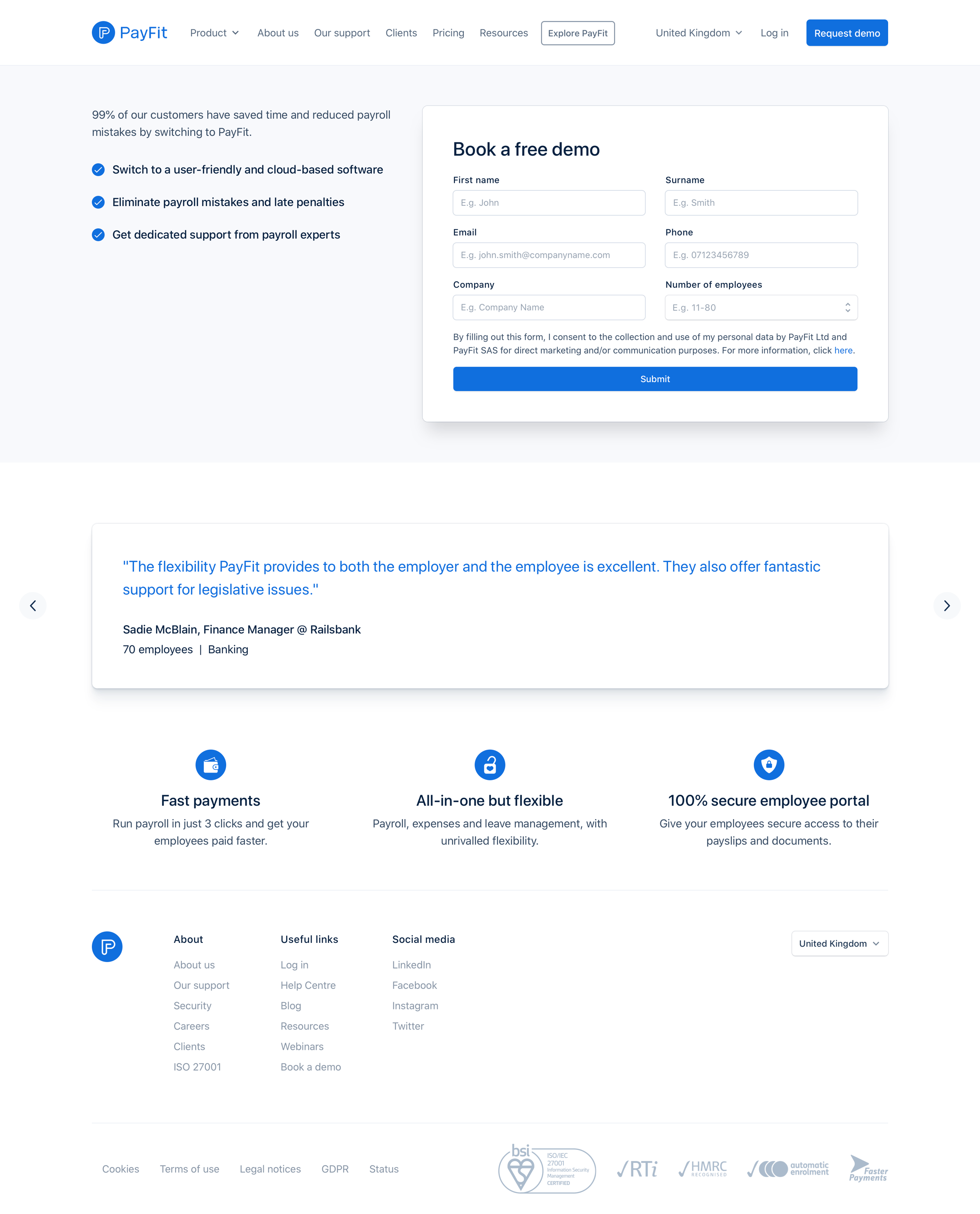 Payfit - Request a demo screen