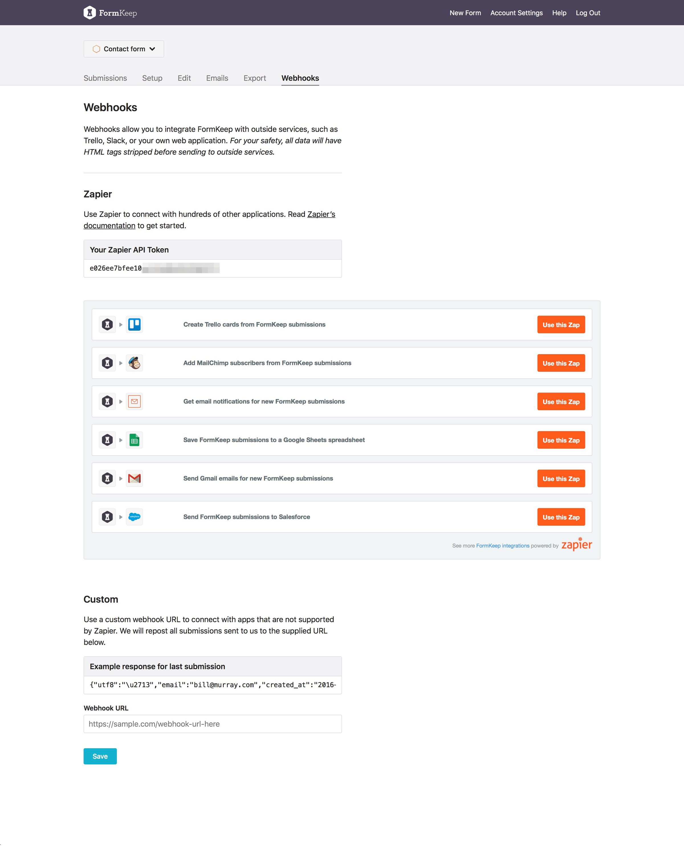Formkeep - Integrations screen