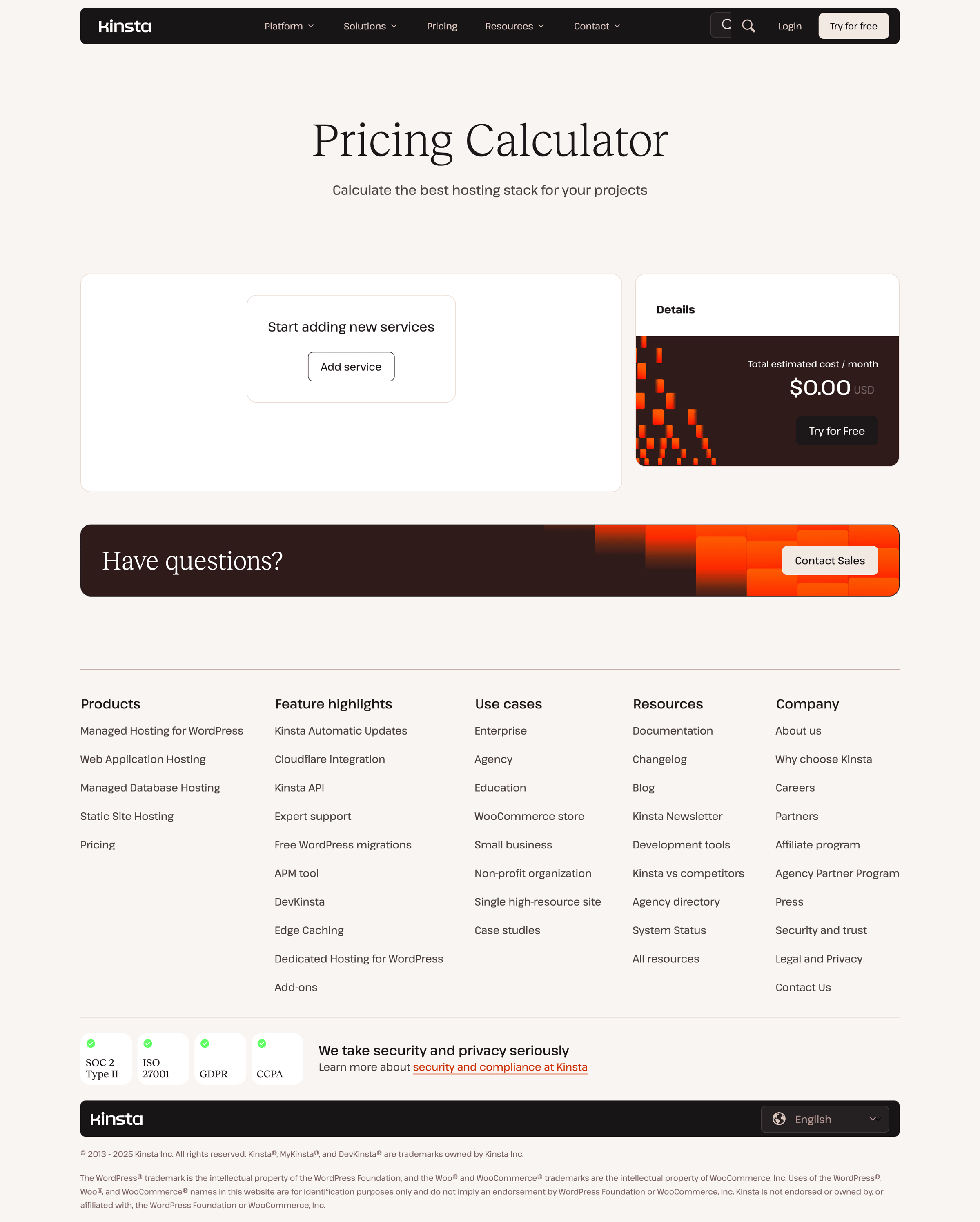 Kinsta - Kinsta® Pricing Calculator – Get an Instant Cost Estimate screen