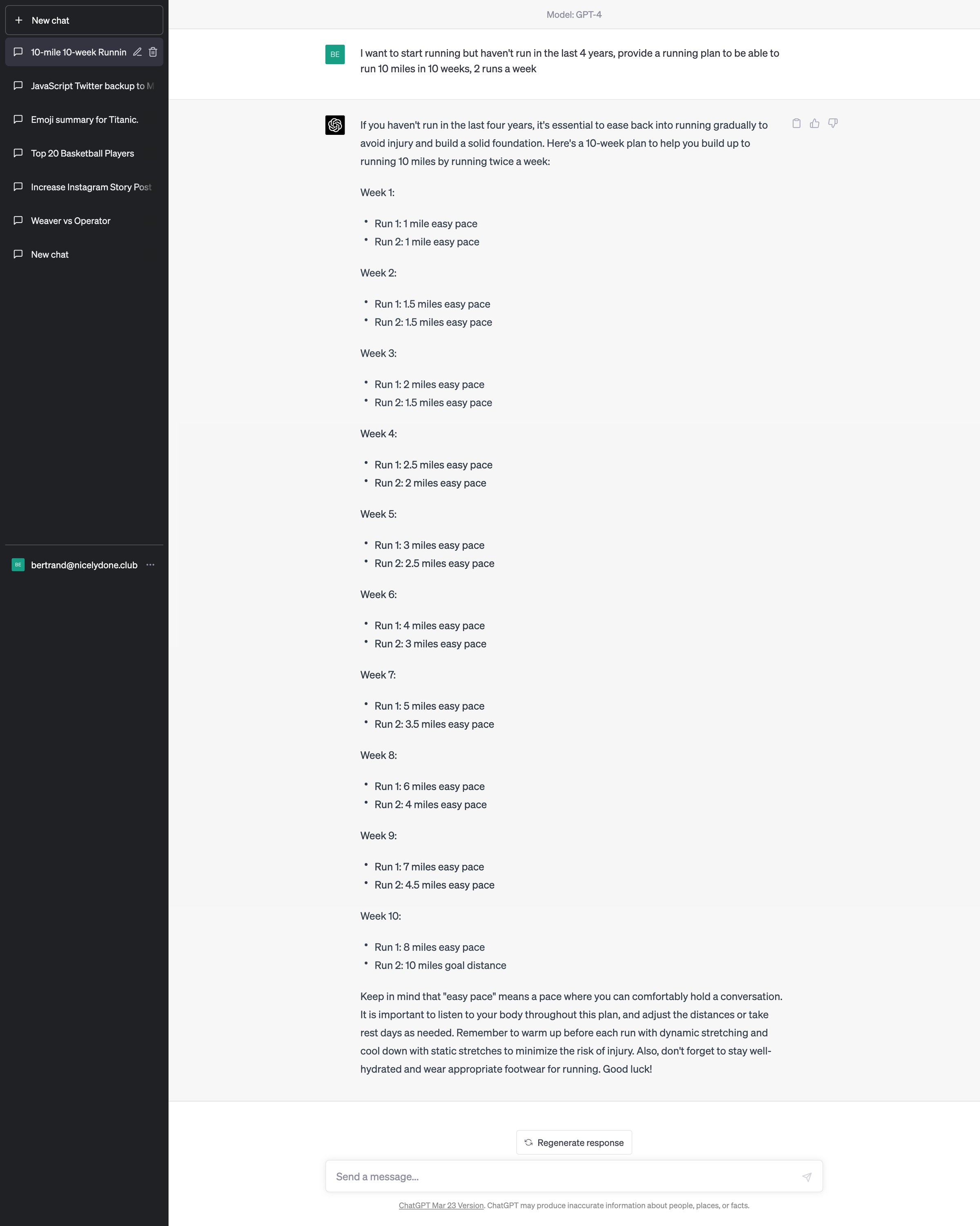 OpenAI - 10-mile 10-week Running Plan. screen