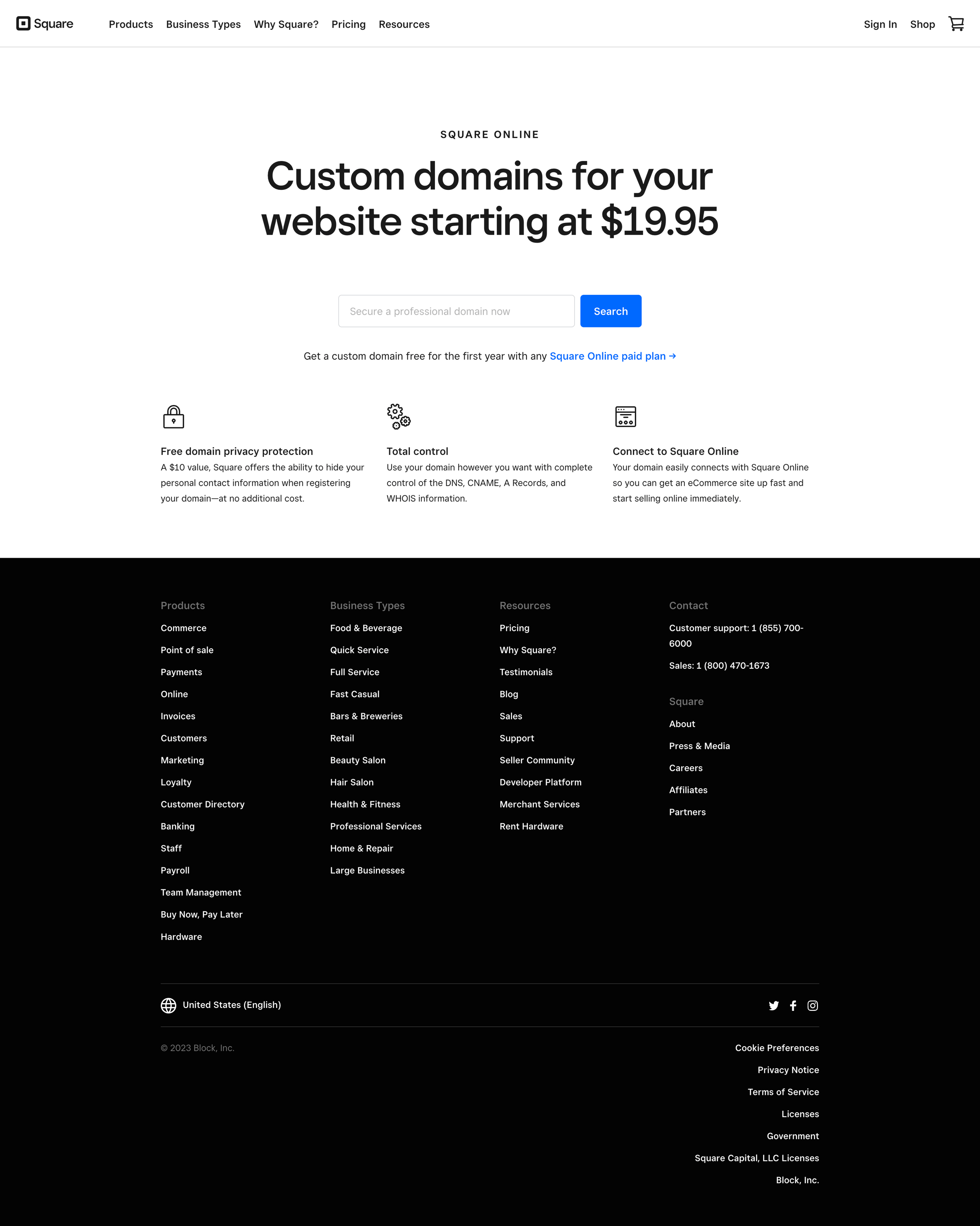 Square - Custom domains and websites | Square Online screen